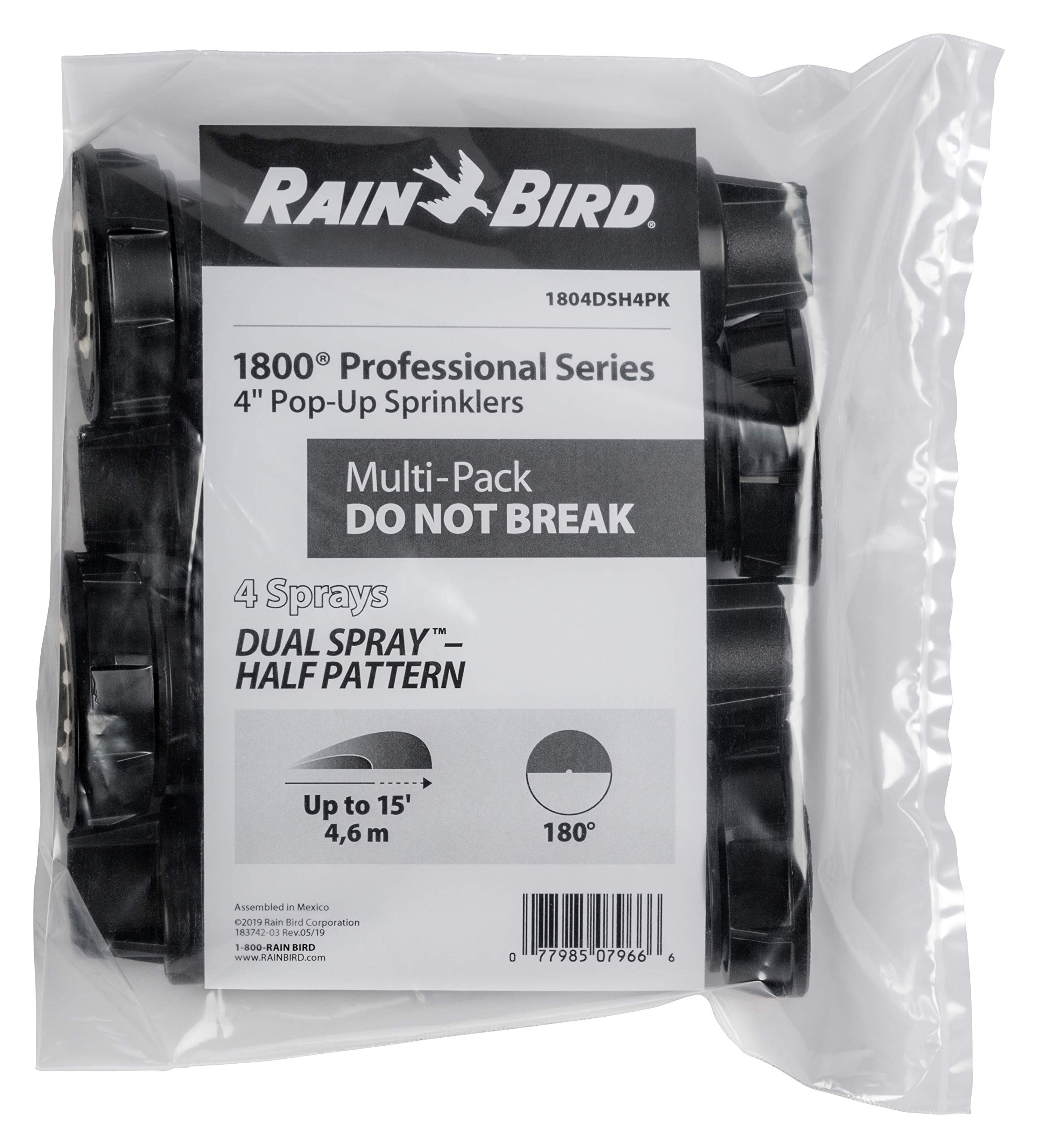 Rain Bird 1804DSH4PK Lot de 4 arroseurs Professionnels à Double pulvérisation Pop-up 180° Motif Demi-Cercle 2,4 m à 4,1 m de Distance de pulvérisation 10,2 cm de Hauteur
