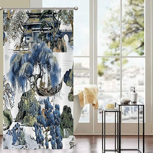 Miniatura 903 de Cortinas de ducha de baño con ganchos, 72 x 92 pulgadas, cortina de ducha de tela impermeable con diseño de flores y pájaros, cortina de ducha