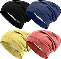 Vista 1 de 4 Pieces Satin Lined Beanie Cap Satin Sleep Lined Hat Slouchy Beanie Hat Night Silk Hair Cap for Women Men