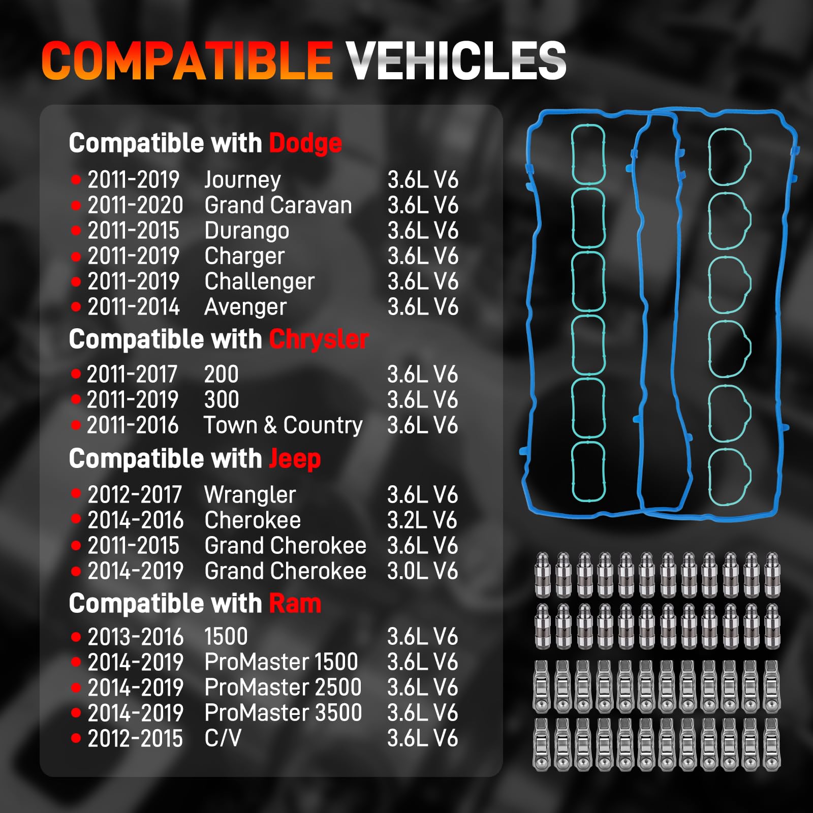 Zestaw wahacza zaworu 3,6 i podnośnika z uszczelkami kompatybilny z 2011-2019 Dodge Chrysler, Jeep Ram 3,6 l, Pentastar V6, zamiennik silnika # 5184296AD 5184332AA 5184595AE 5184596AE 5184562AC