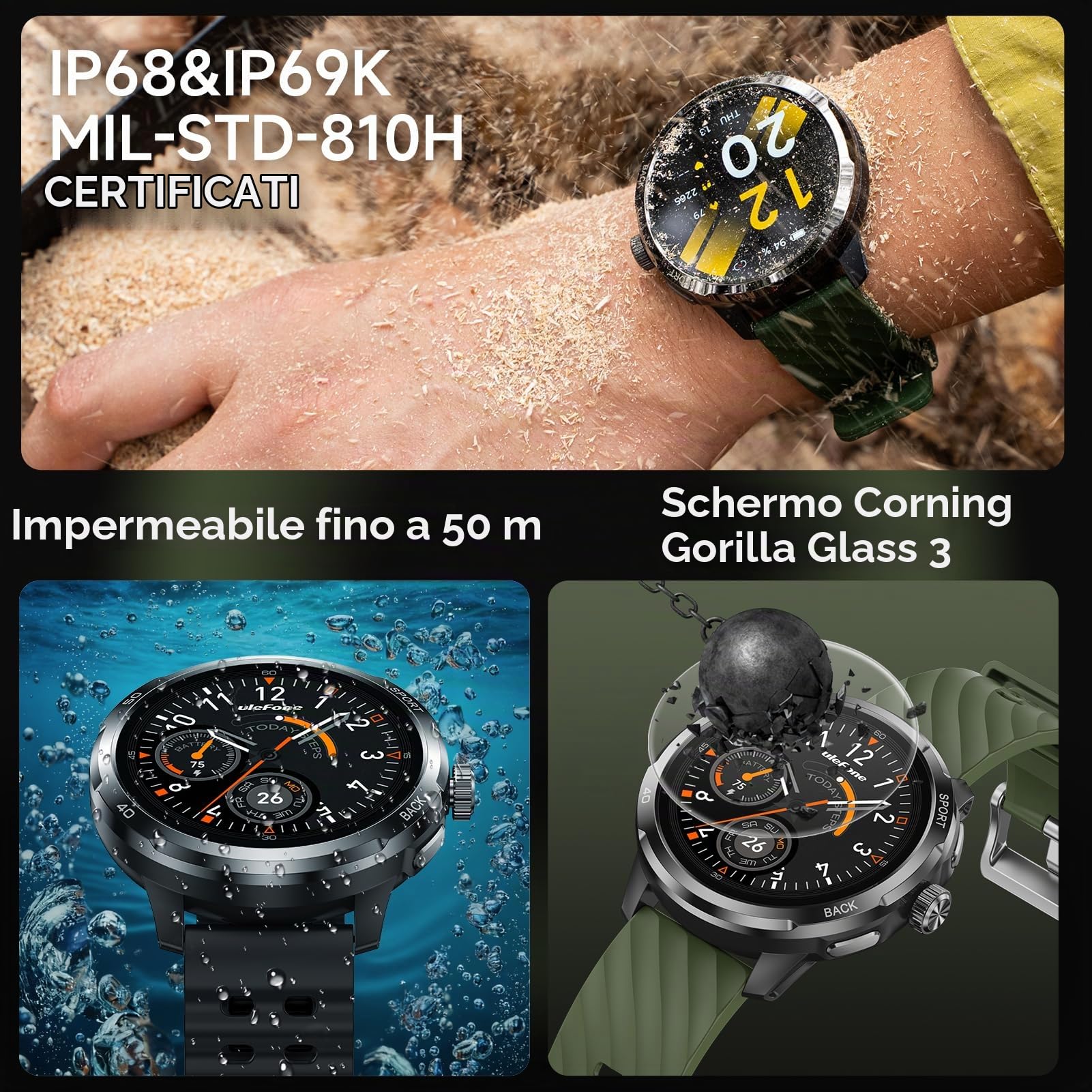 Ulefone Armor Watch Pro, smartwatch militare AI per uomo (accettare/effettuare chiamate), orologio fitness AMOLED da 1,5 pollici, 100+ sport, monitor frequenza cardiaca/SpO2/sonno, smartwatch