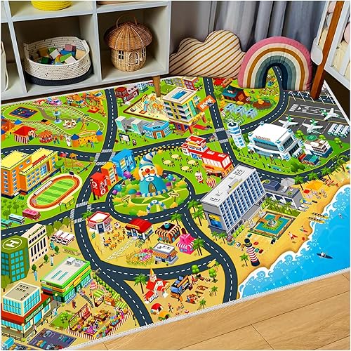 Miniatura 7 de YSYTLCL Alfombra de juego para niños, alfombra de juego para autos de juguete, mapa de tráfico urbano, alfombra de sala de juegos para habitación de