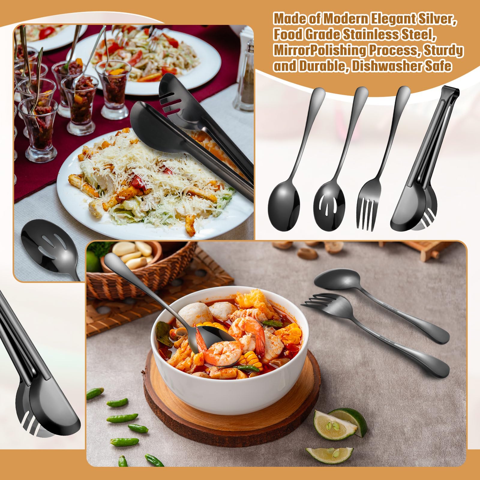 Utensilios de servir de acero inoxidable de Navidad, juego de cucharas grandes de 9.45 pulgadas, pinzas de metal de 9 pulgadas, tenedores de servir de 8.7 pulgadas, cucharas ranuradas y cucharas de