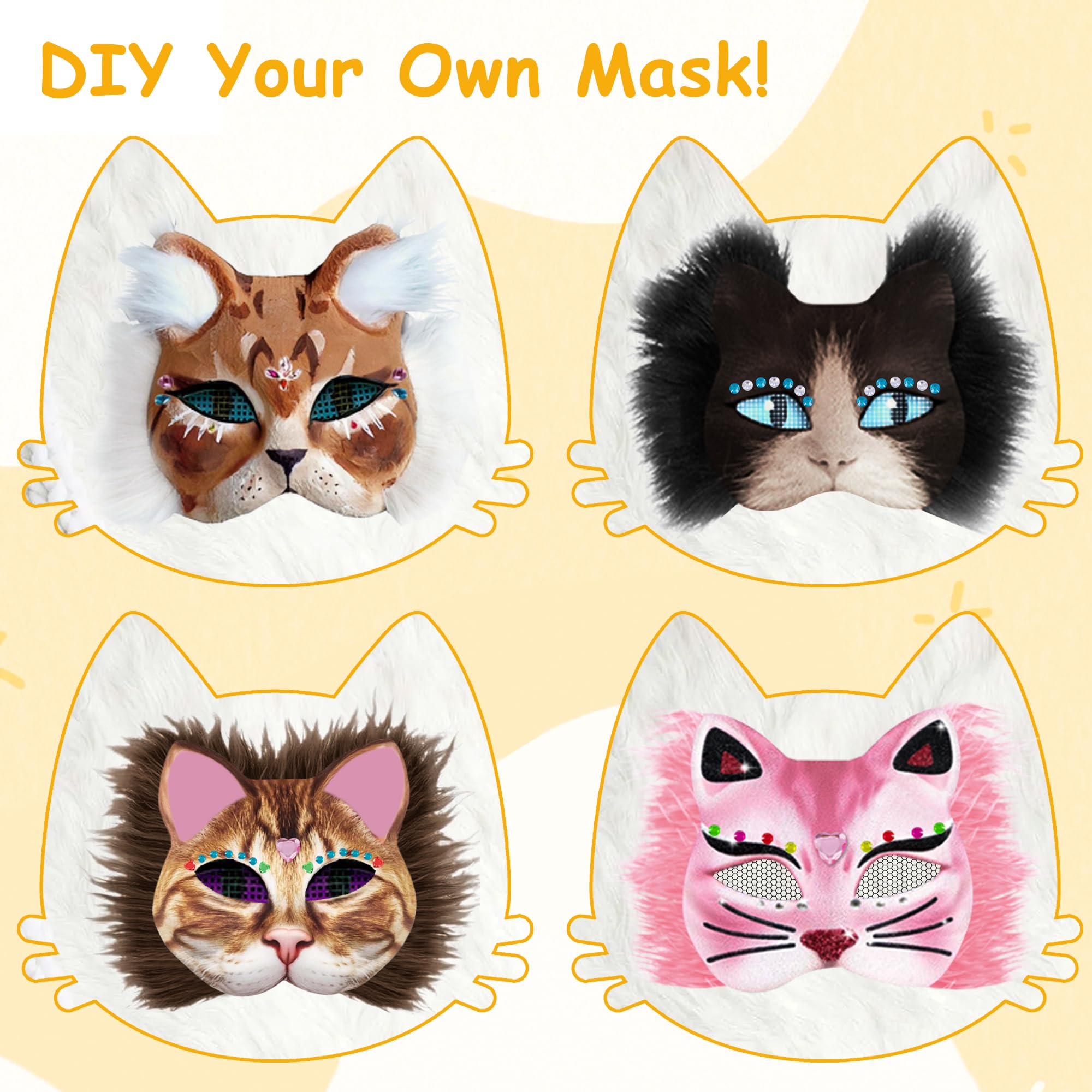 Tunejoy Maschera Gatto Bianca Vuota 6 Pezzi Therian Maschera Gatto Kit DIY Dipinta Mano Maschere con Finta Pelliccia e Foglio di Feltro per Carnevale Cosplay Natale Halloween