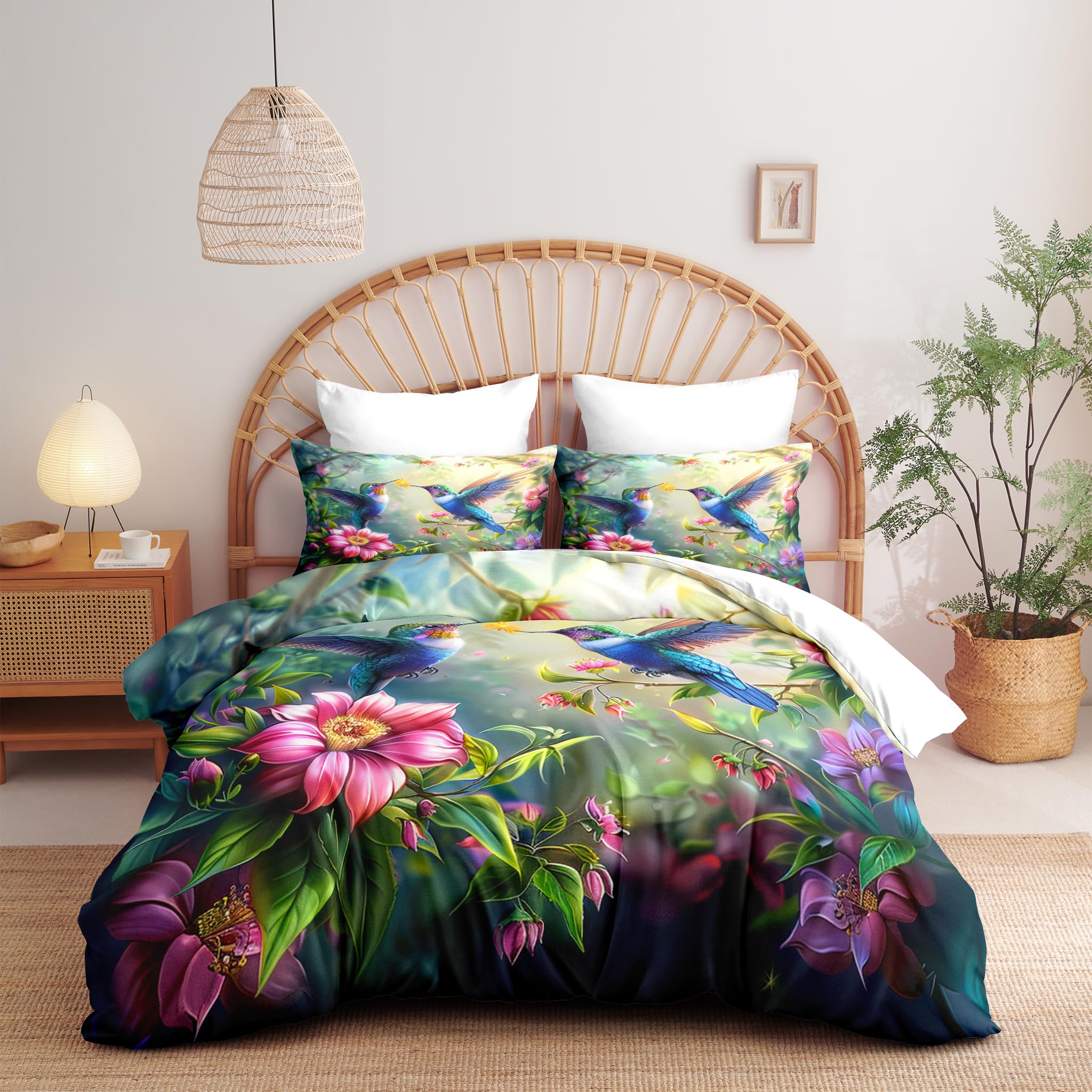 Ccoutuechen Botanical Flower Bird Comforter Set Full Size, Blue Hummingbird Microfiber Bedding Sets for Girls, Tropical Forest Soft Lightweight Down Alternative Comforter with 2 Pillowcases(79