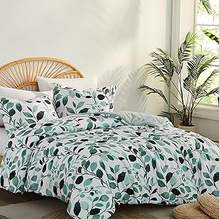 King Comforter Set - 3 PCS Green Plant Comforter Set with Red Flowers Leaves Pattern, Down Alternative Bedding Set with 1 Reversible Comforter and 2 Pillow Shams for All Season (102"X90")