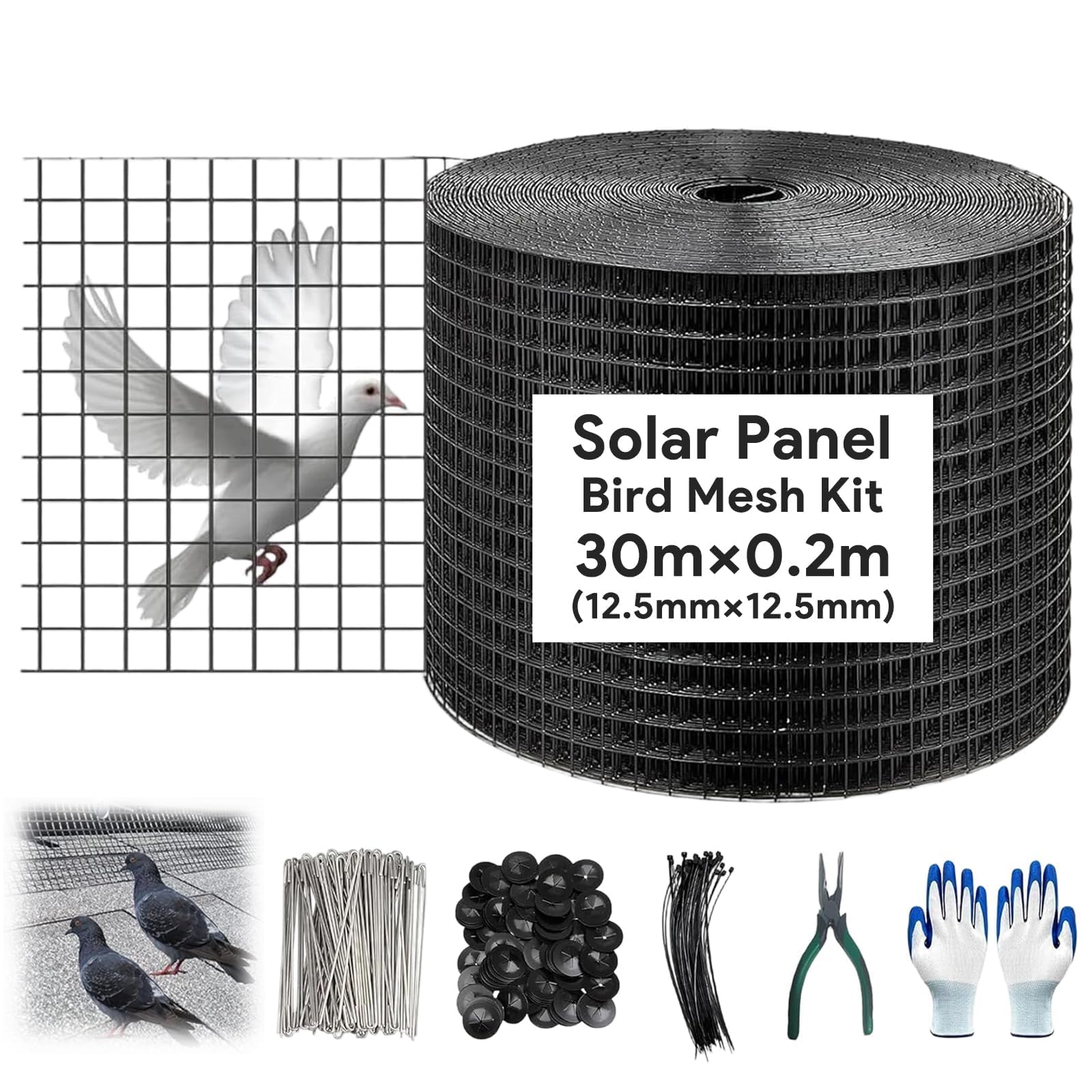 WUDLEP Solar Panel Pigeon Proofing Kit, 30m PVC Bird Proofing Mesh with 60 Fixing Clip and Installation Tools, for Preventing & Stopping Pigeons Nesting Under Roof Solar Panels, Black