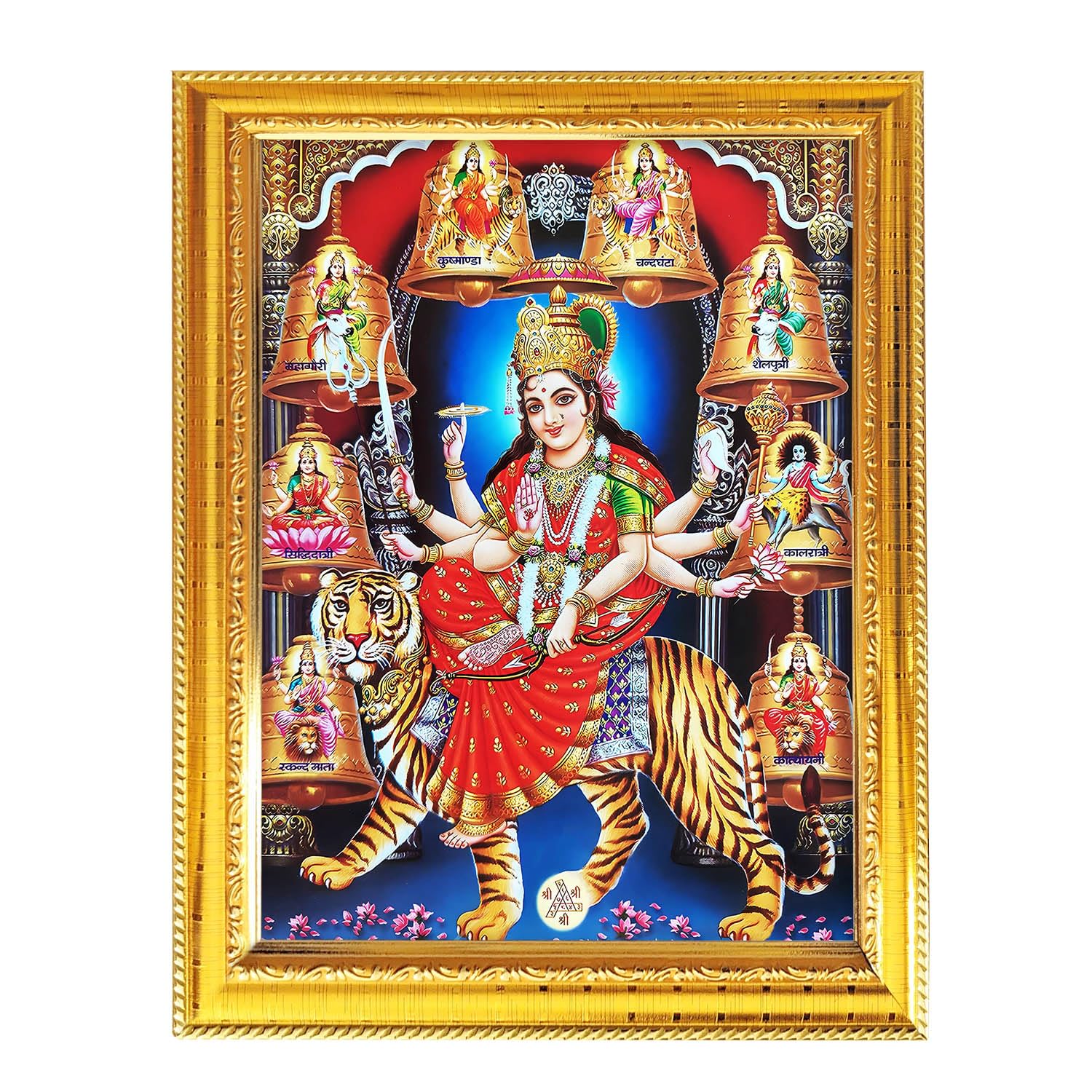 Fashnkart Durga With 9 Forms-2 Durga With Her 9 Forms Hindu God Photo With Golden Frame Table Wall Pooja Room Worship Religious Spiritual 8.3X6.5