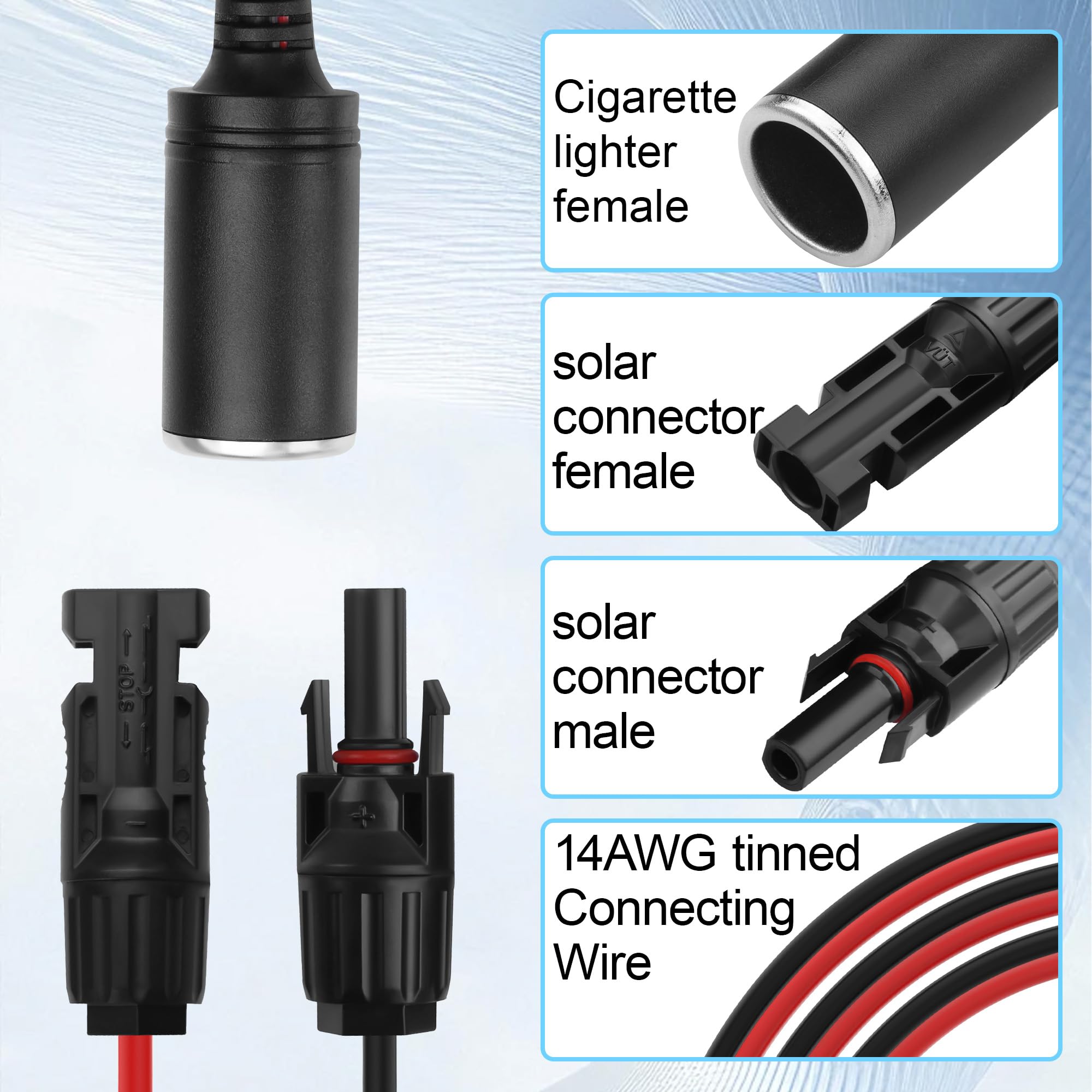 2 PCS Câble adaptateur connecteur solaire vers prise allume-cigare femelle 12V-24V, fil de cuivre pur 14AWG, compatible avec panneau solaire, générateur de voiture de station d'alimentation