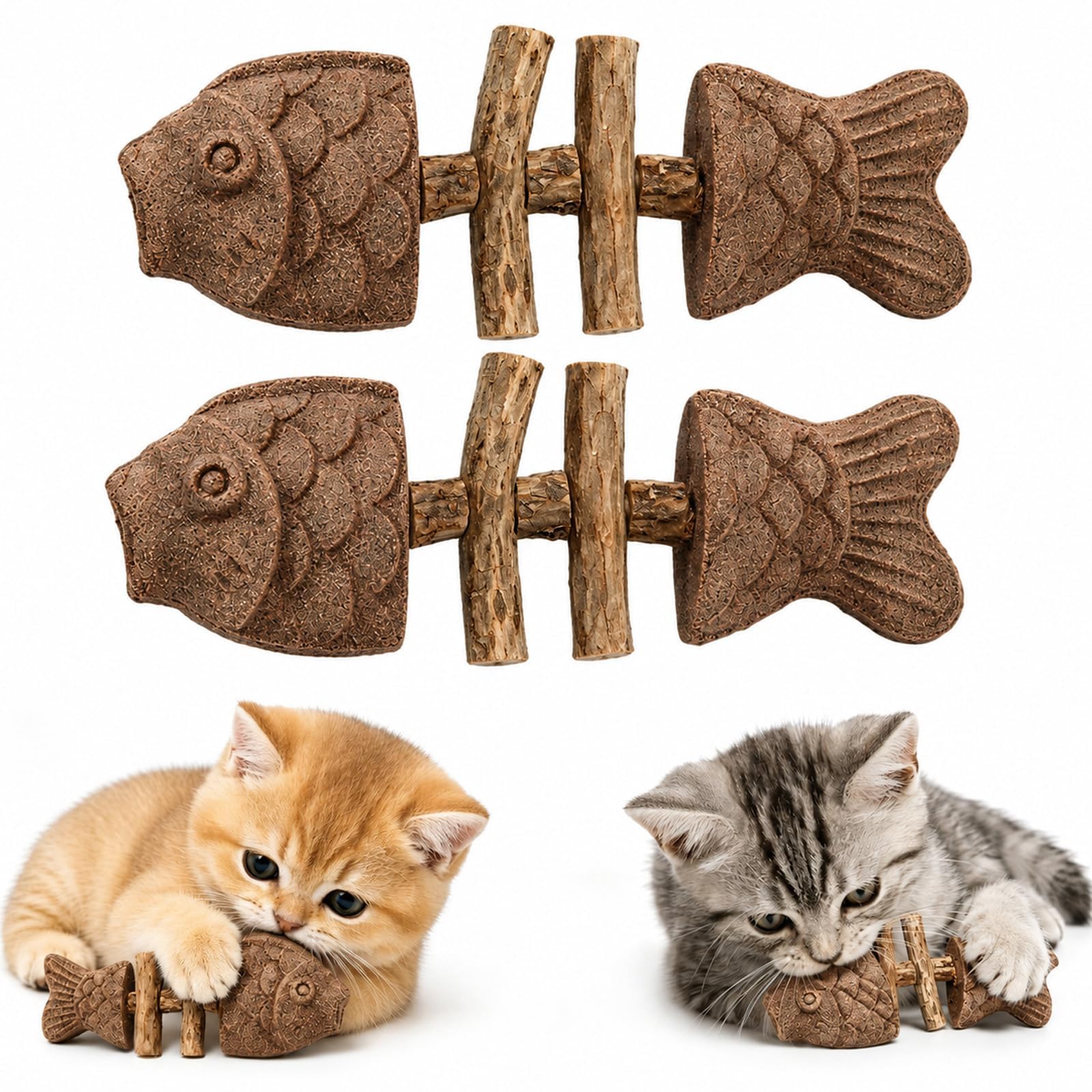 FLKWOP Catnip and Silvervine Chew, Natural Fishbone Chew Toy for Cats, Fishbone-Shaped Cat Dental Toy for Chewing, Licking, Pawing, Boredom Relief & Enrichment for Cats, 2 Pcs