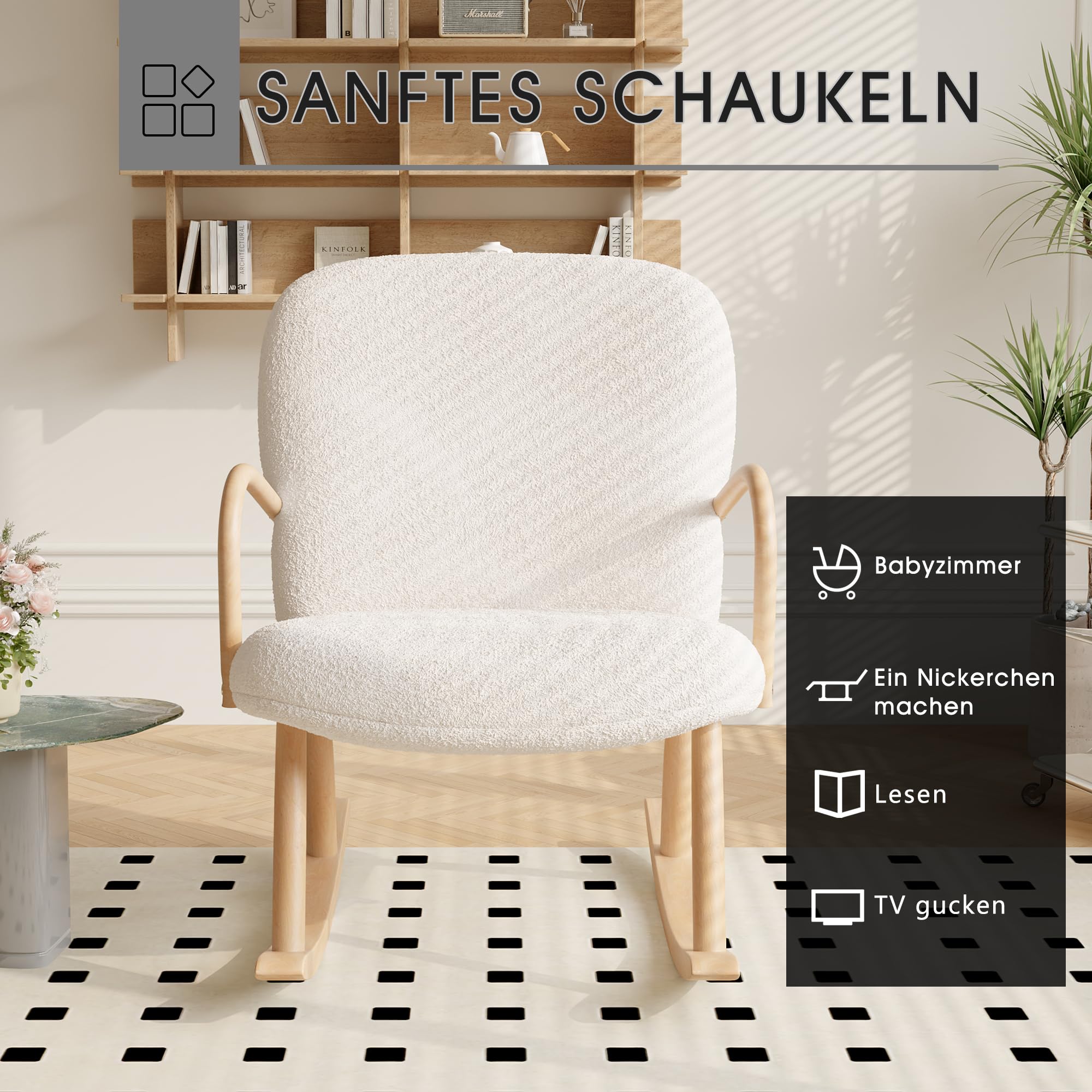 FEEOHOME Fauteuil Chambre Bébé, Chaise à Bascule avec Accoudoirs et Pieds en Bois, Velours Teddy Beige