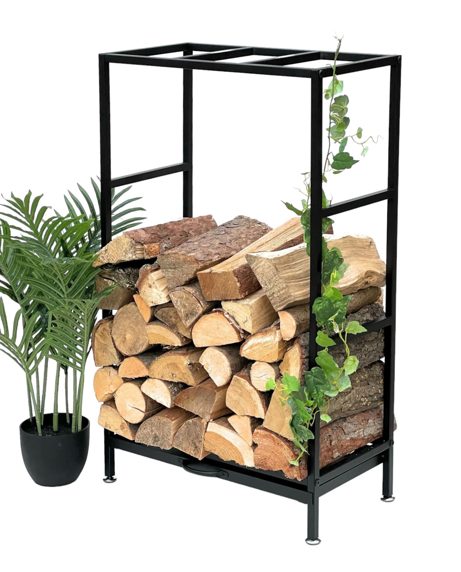 DanDiBo Kaminholzregal Innen Metall Schwarz 80x50x25 cm Brennholzregal Holzaufbewahrung Kaminholzständer mit Schublade