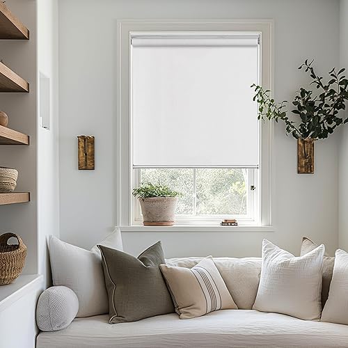 ChrisDowa Custom Size Cordless 100% Blackout Roller Shade, with Striped Jacquard, Thermal Insulated, UV Protection Fabric, Total Blackout Blinds for Window, French Doors, Home and Office.White