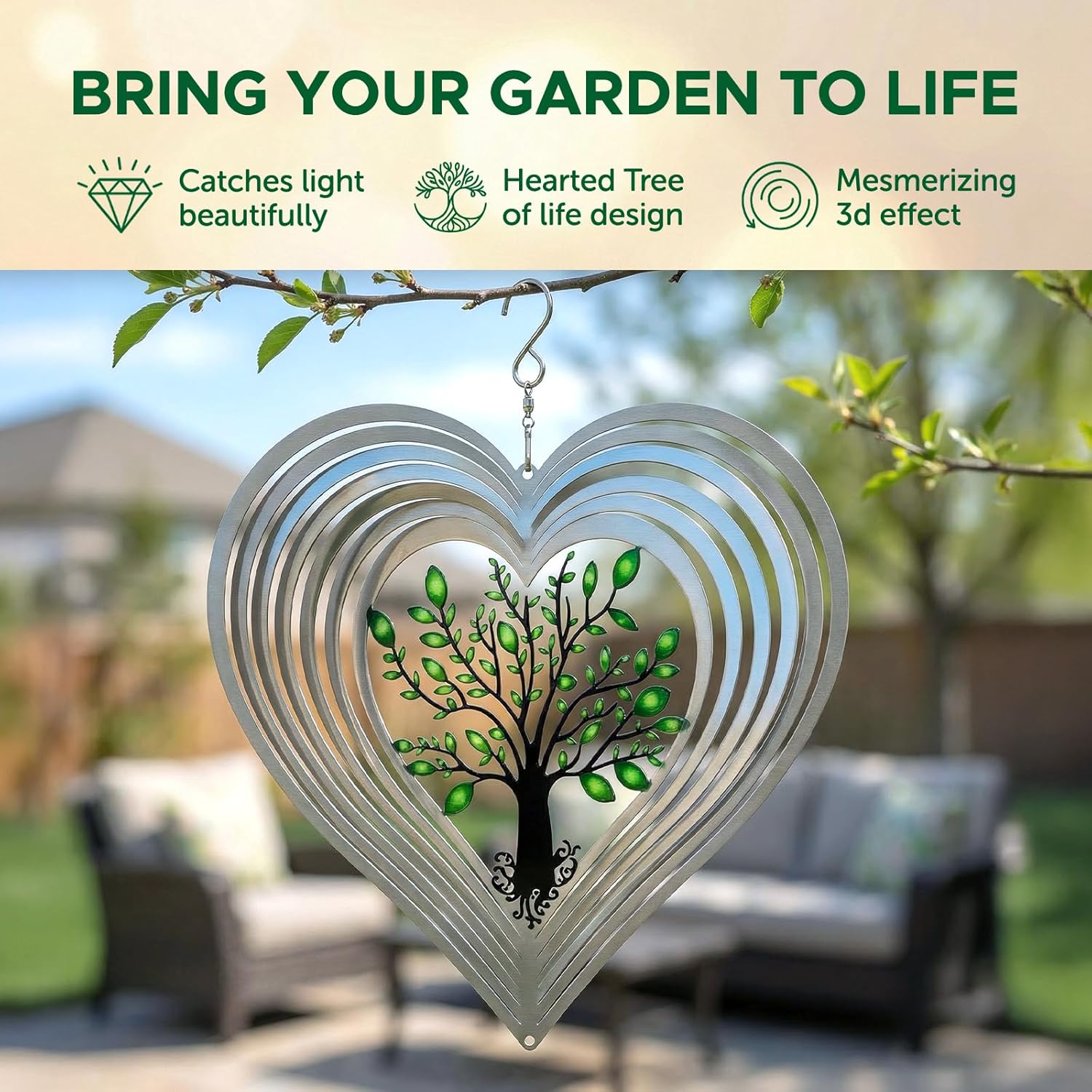 ISEO Silver Heart Wind Spinner for Yard and Garden, Hanging Outdoor Decor, Porch and Patio Decorations, Weather Resistant, 12”