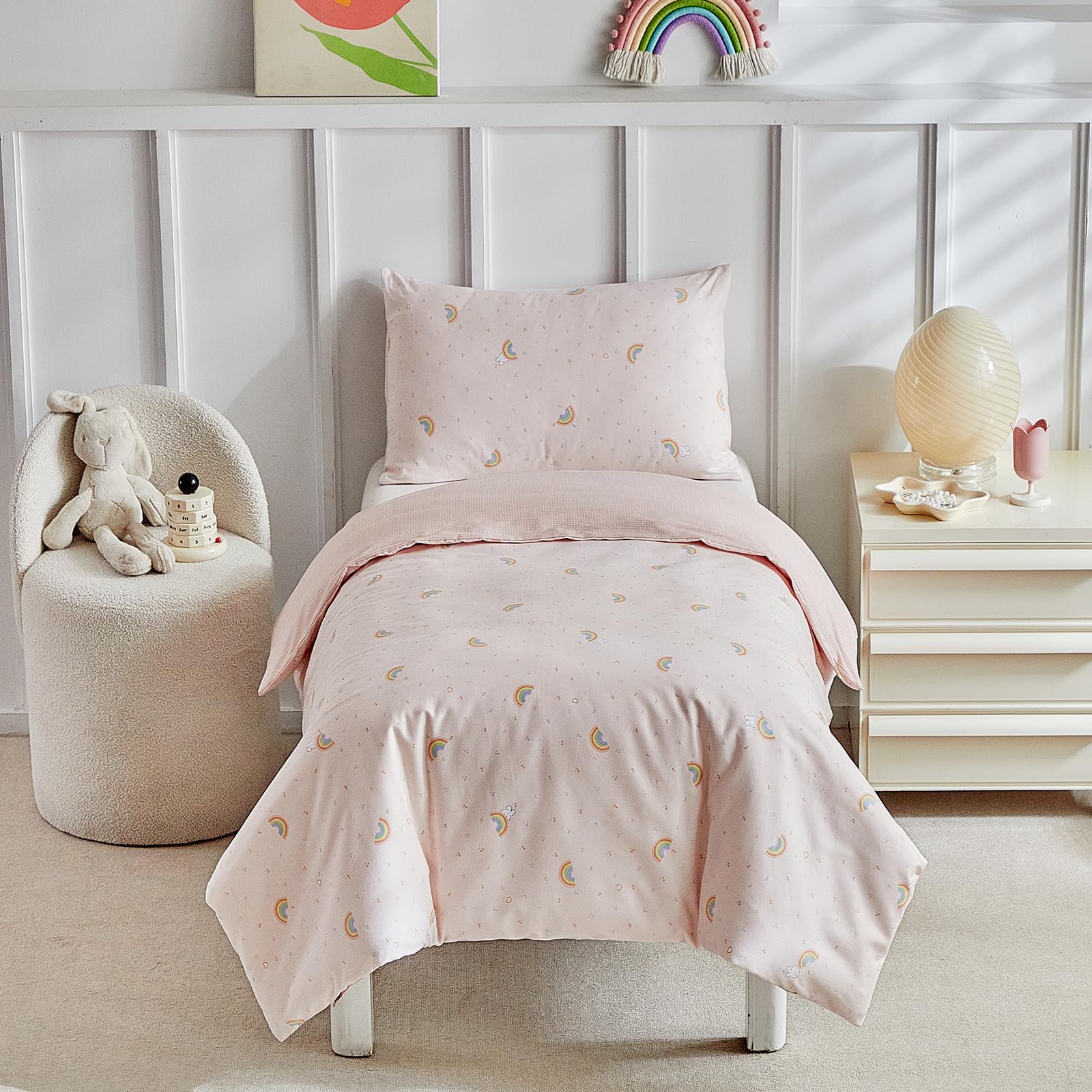 DuShow Cotton Cot Bed Duvet Cover Set,Toddler Bedding Set For Girls - Pink Rainbow Kids Bedding,Cot Duvet Cover & Pillow Case Set - 120x150cm