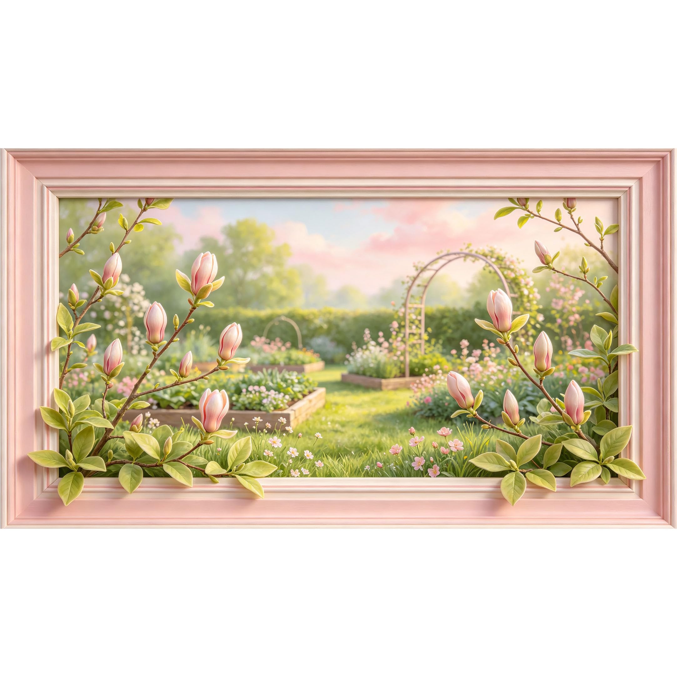 QZLITHOTIC 50x90cm3D Framed Wall Art， Botanical Garden Magnolia Blossom Self‑Adhesive Mural， Water‑Activated Peel & Stick Fabric Decor Wall Decal for Bedroom Living Room