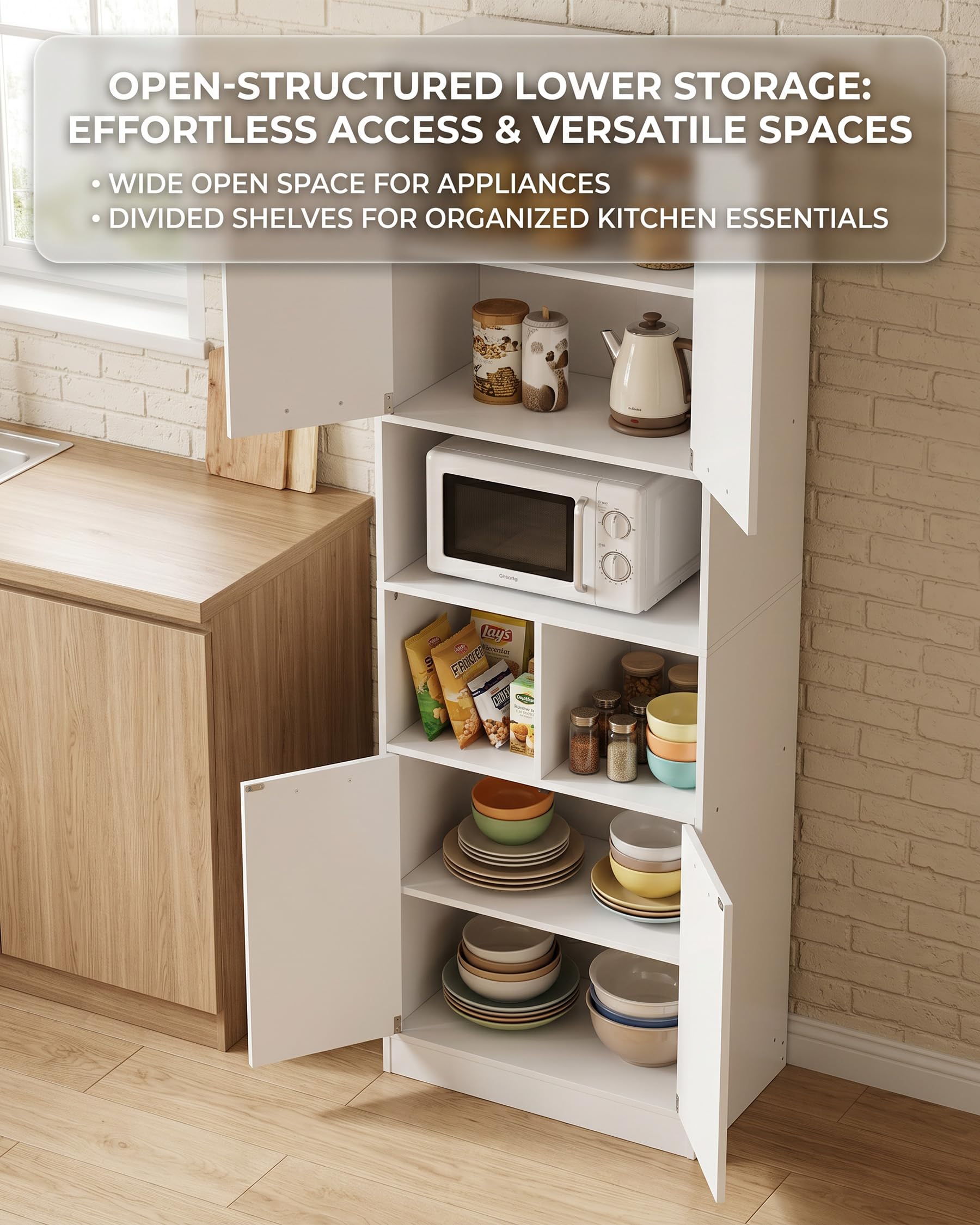 hitsuki Armario Cocina 60x40x180.5cm Mueble Almacenaje con Estantes Ajustables Vitrina para Cocina Salón Baño Blanco