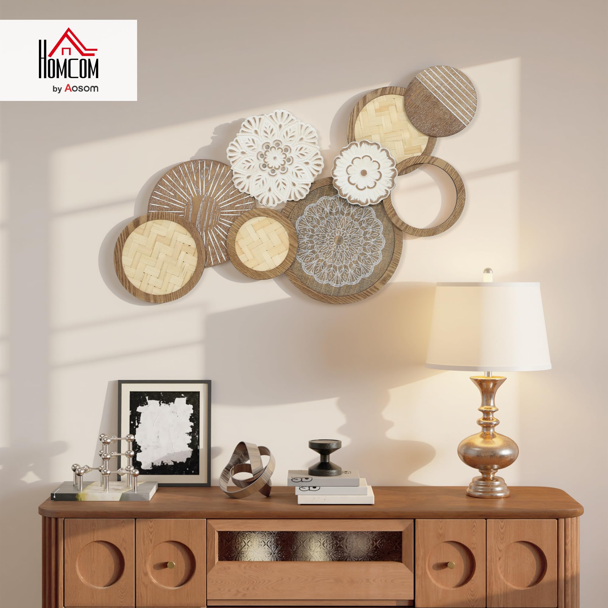 HOMCOM Decorazione murale in legno moderna, scultura murale in legno geometrica, design unico a più dischi, decorazione sospesa per soggiorno, camera da letto, ufficio, 83,8 x 44,5 cm, legno naturale