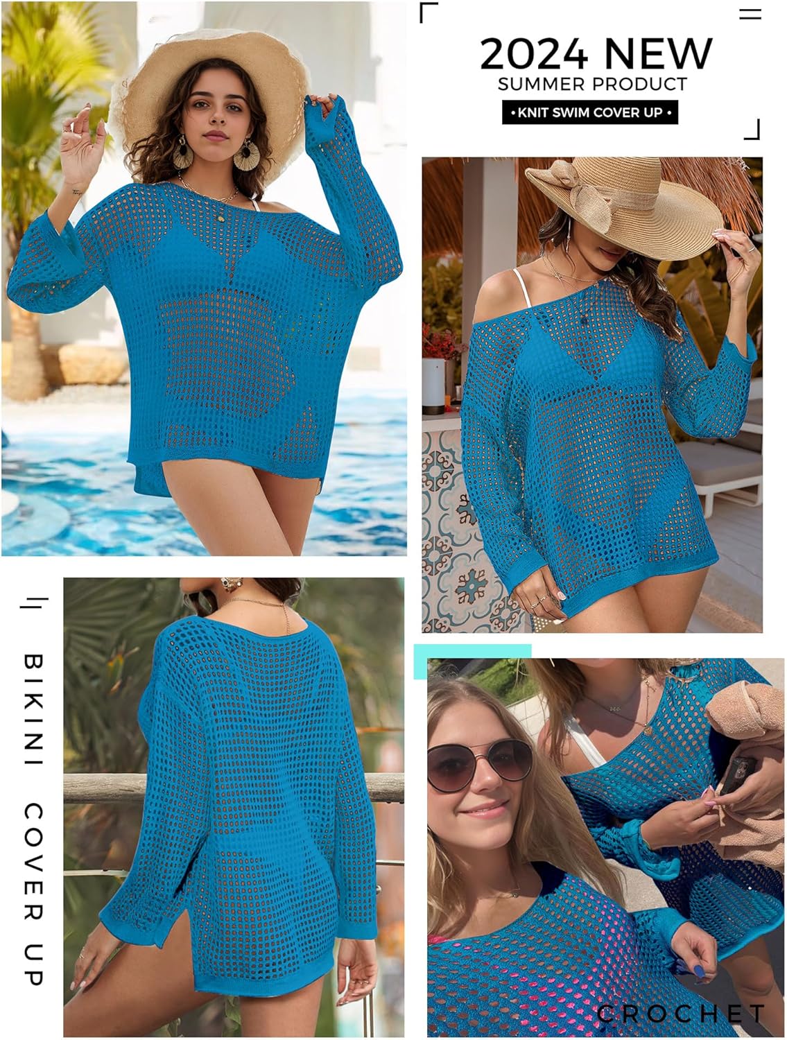 Buauty Women's Swimsuit Crochet Cover Up | Bathing Suit Swimwear Short Sleeve Knit Beach Dress Summer Vacation Outfits Blue - Image 6