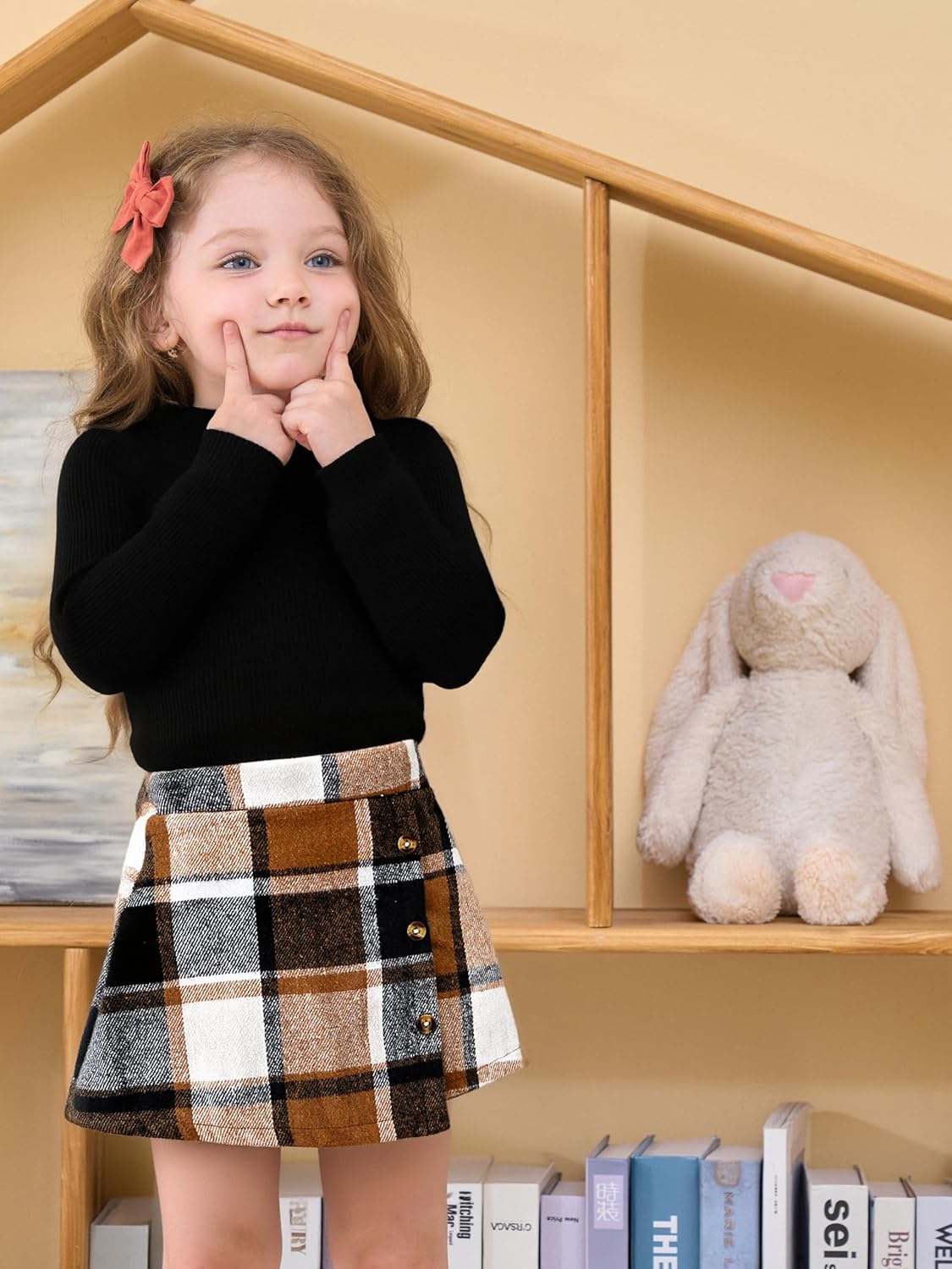 Toddler Kid Girls Plaid Outfits Girls Long Sleeve Knit Ribbed Shirt Tops Plaid Skirt Set Fall Winter Clothes(5-6T) - Image 2