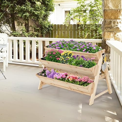 Miniatura 3 de Giantex Cama de jardín elevada, maceta vertical con estante de almacenamiento, maceta elevada de 3 niveles con ganchos laterales, cama de jardín de