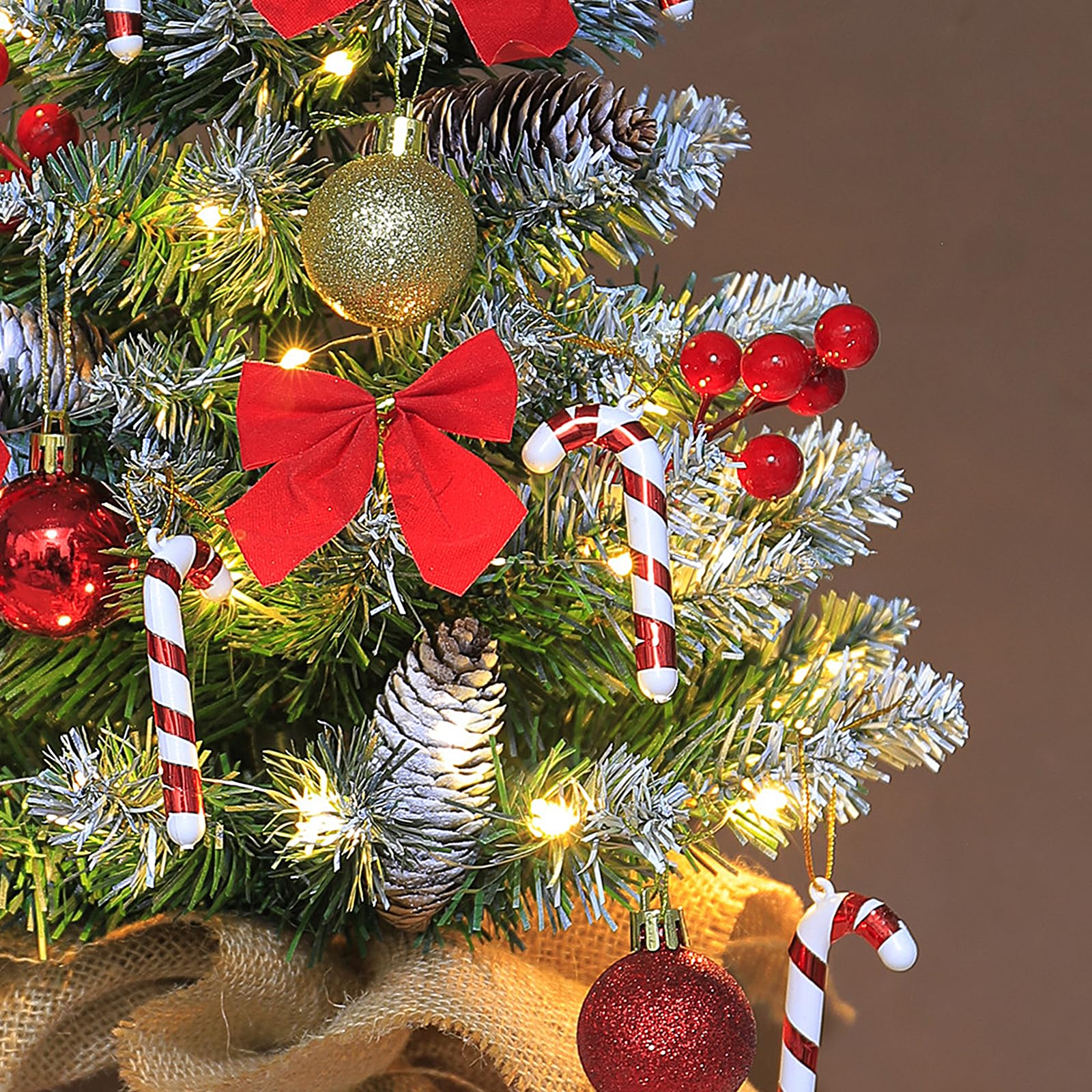 Mini Albero di Natale Artificiale,60cm Albero di Natale Decorato Artificialmente con illuminazione a LED,Fogliame Folto e Realistico In PVC,Base In Juta,per Feste,Festival,Tavoli da Pranzo