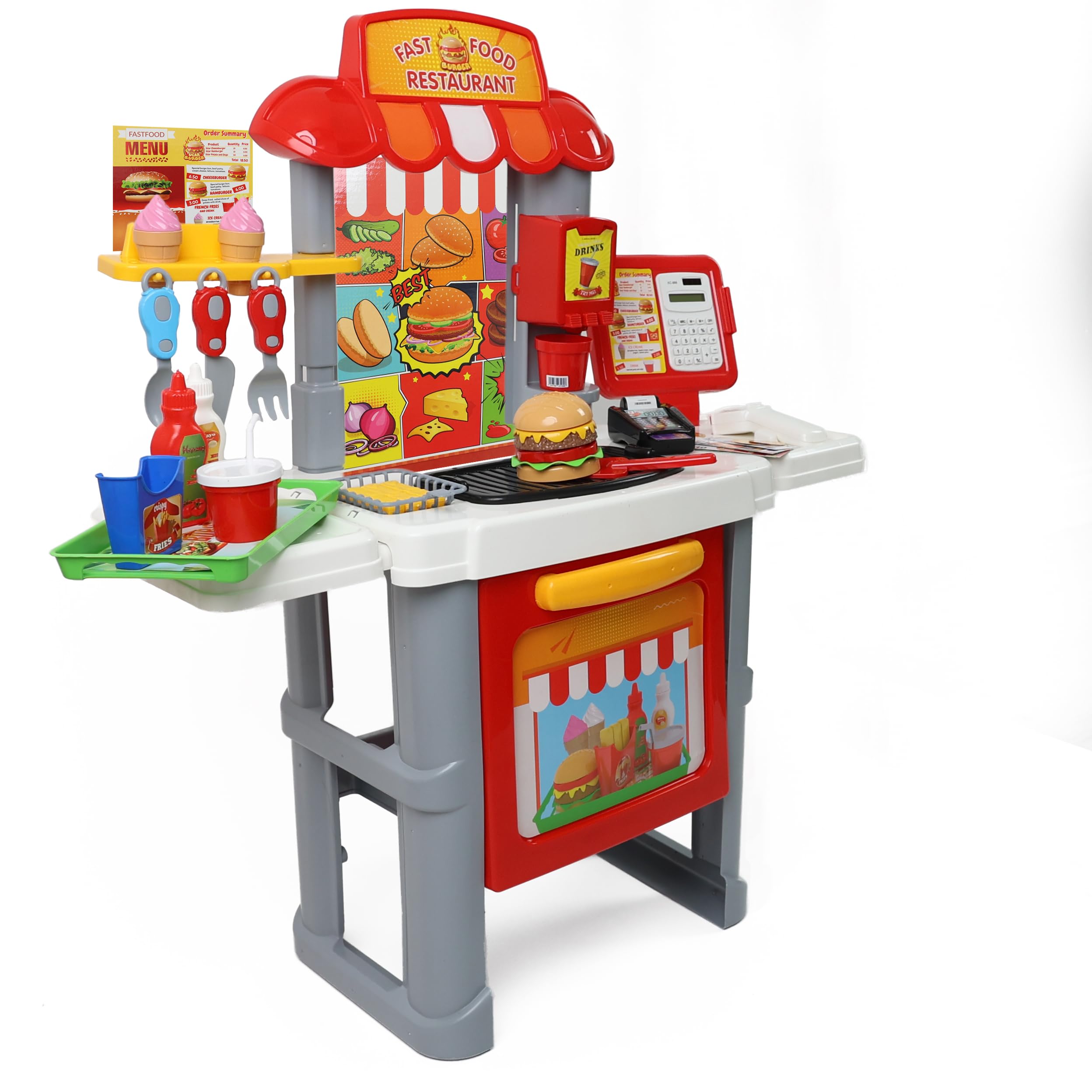 DIVCHIPretend Play Fast Food Set for Kids, 52 PCS Fast Food Toys with Cash Register & Drink Dispenser, Play Kitchen Food Toy with Hamburger for 3+ Years Old Boys Girls