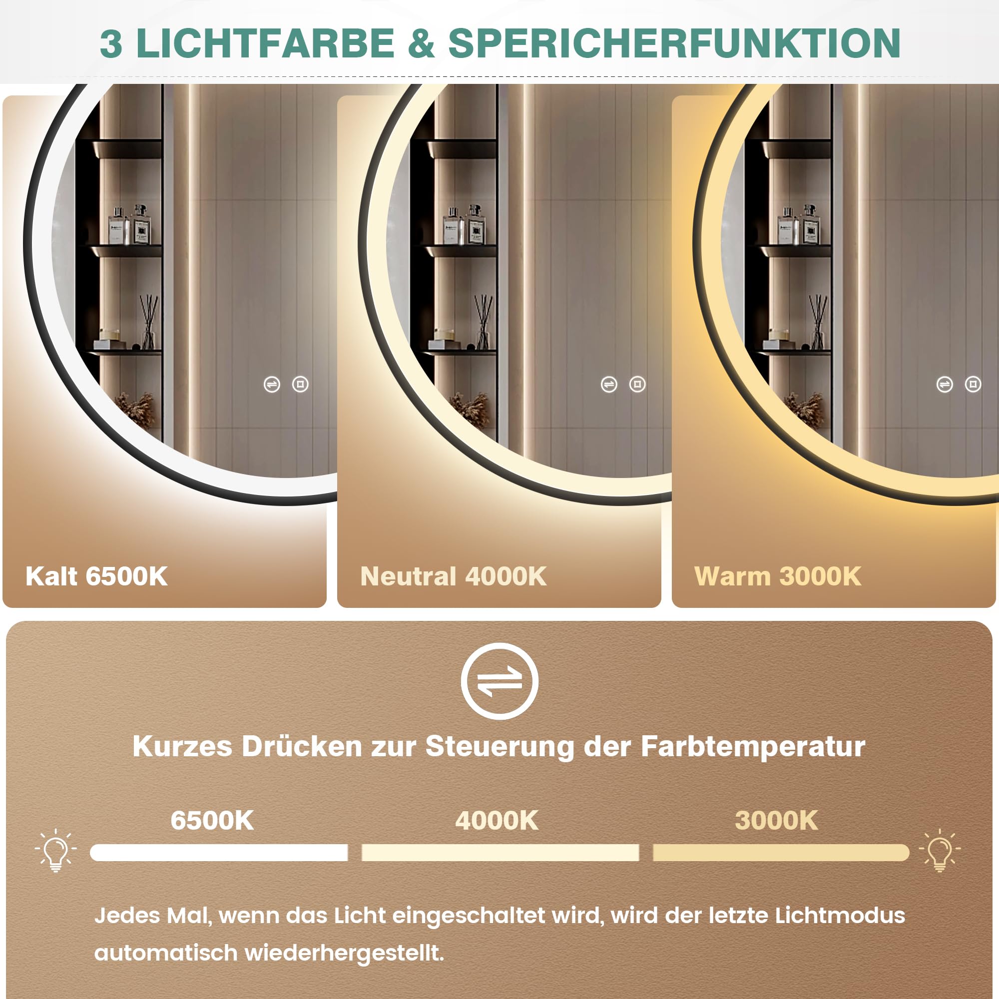 60cm Spiegel Schwarz mit Beleuchtung – Dimmbar, 3 Farben, Speicherfunktion, IP44 Wasserdicht, Schwarzer Badezimmerspiegel mit LED Licht, Aluminiumrahmen für Badezimmer