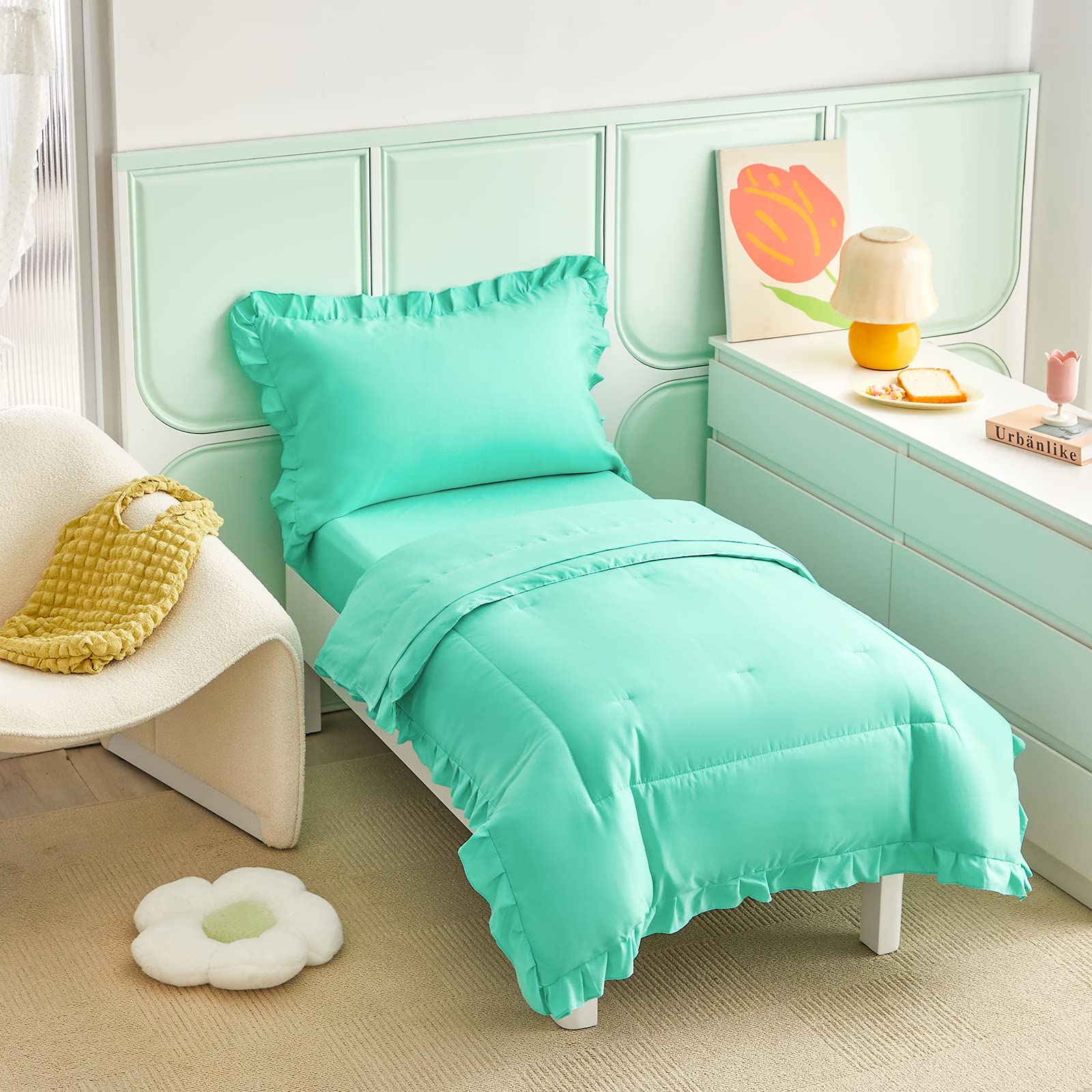 Juego de ropa de cama de 4 piezas para niños pequeños, color verde azulado, con flecos de volantes, color liso, 1 edredón para niños pequeños, 1 sábana bajera, 1 sábana encimera y 1 funda de almohada