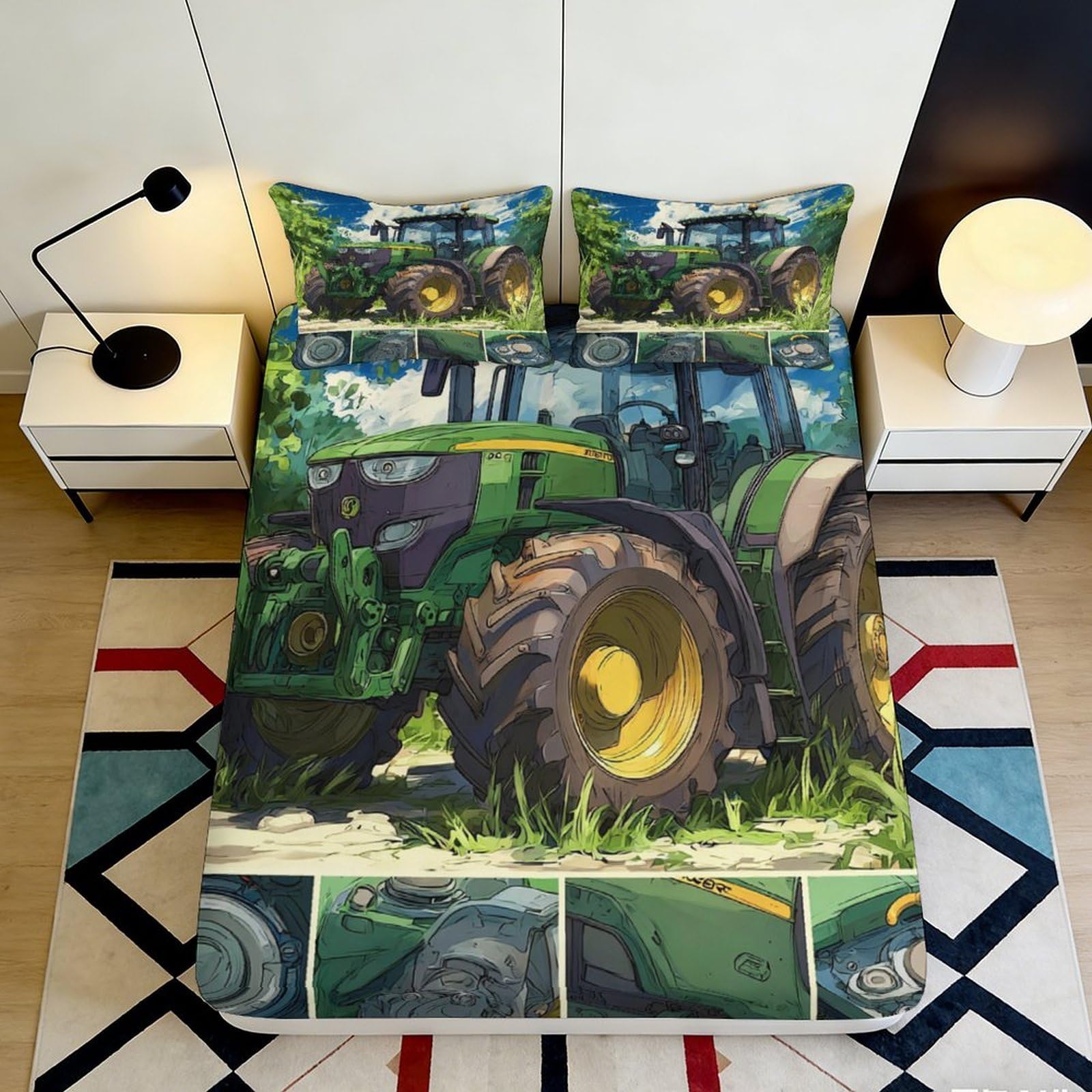 3D Printed Green Tractor Fitted Sheet Microfiber Soft Breathable Farm Landscape Bed Cover for Bedroom Dorm Decor 90x200x25cm