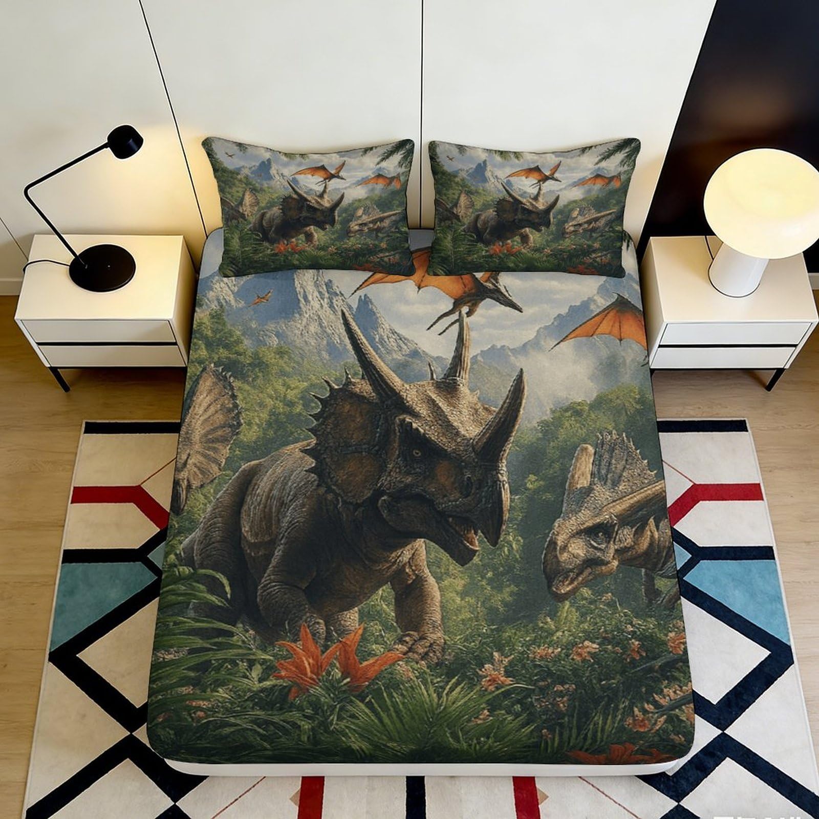 3D Printed Dinosaur Forest Fitted Sheet Microfiber Soft Breathable Jurassic World Bed Cover for Bedroom Guest Room 90x200x25cm