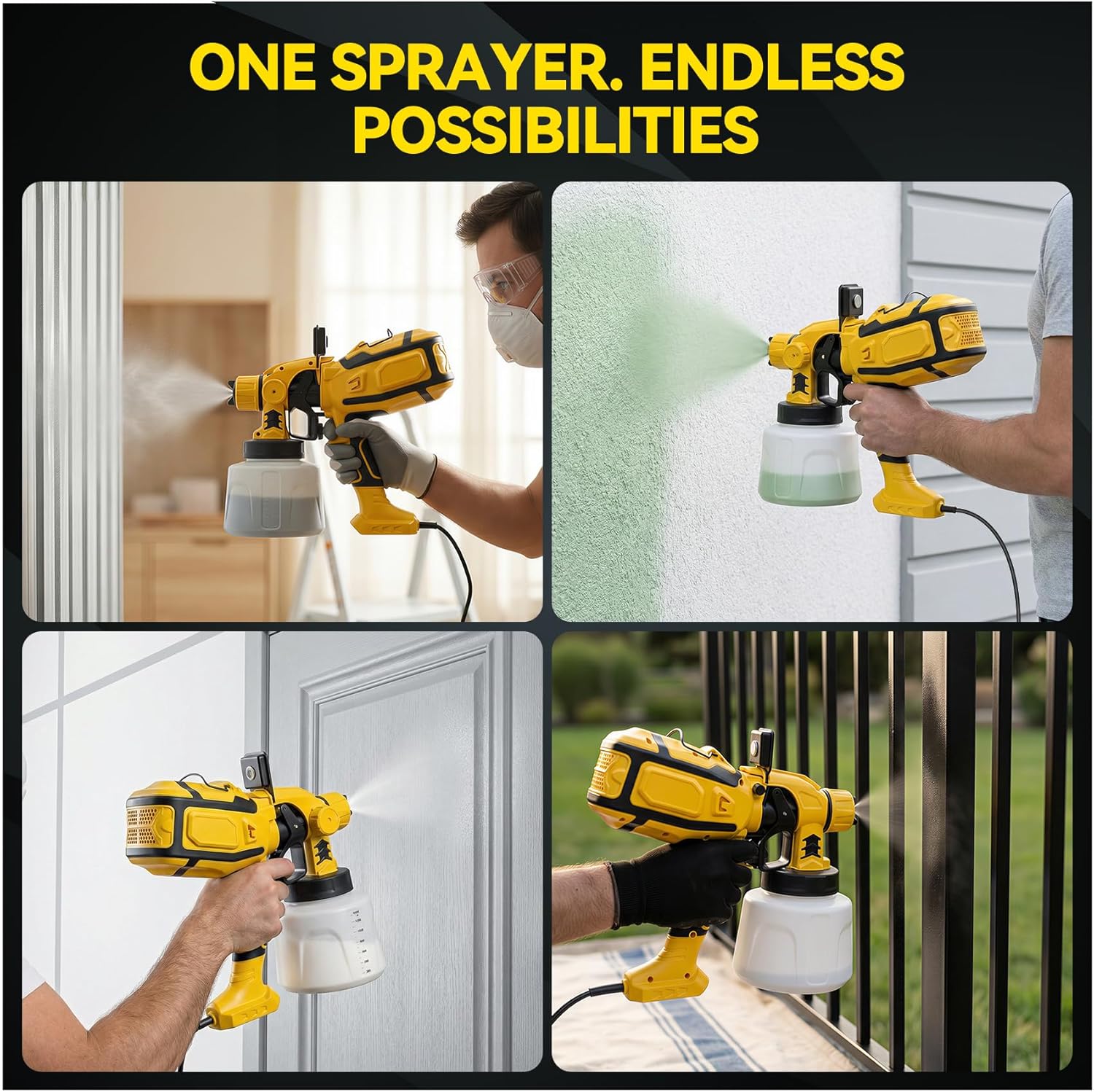 Cordless Paint Sprayer with LED Light, Compatible with DEWALT 20V Battery, Efficient Motor, 1400ml Container, 4 Brass Nozzles, Paint Gun for House, Furniture, Fence, Walls[Battery Not Included]