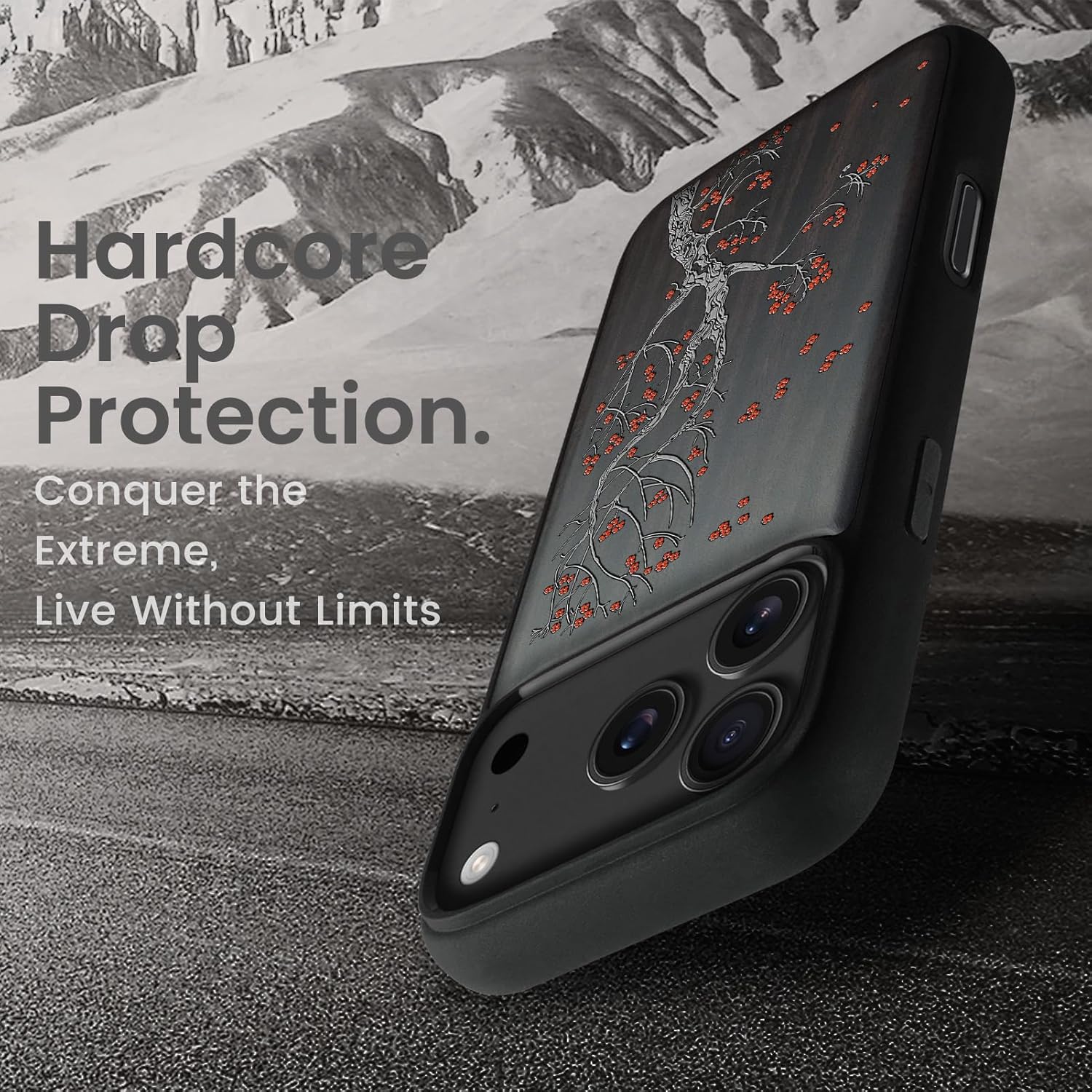 Magnetic for iPhone 17 Pro Max Case Compatible with MagSafe Wireless Charging, Wooden Cover & Shockproof TPU Phone Case, Dark Wood Hand-Drawn Pattern - Crimson Bloom
