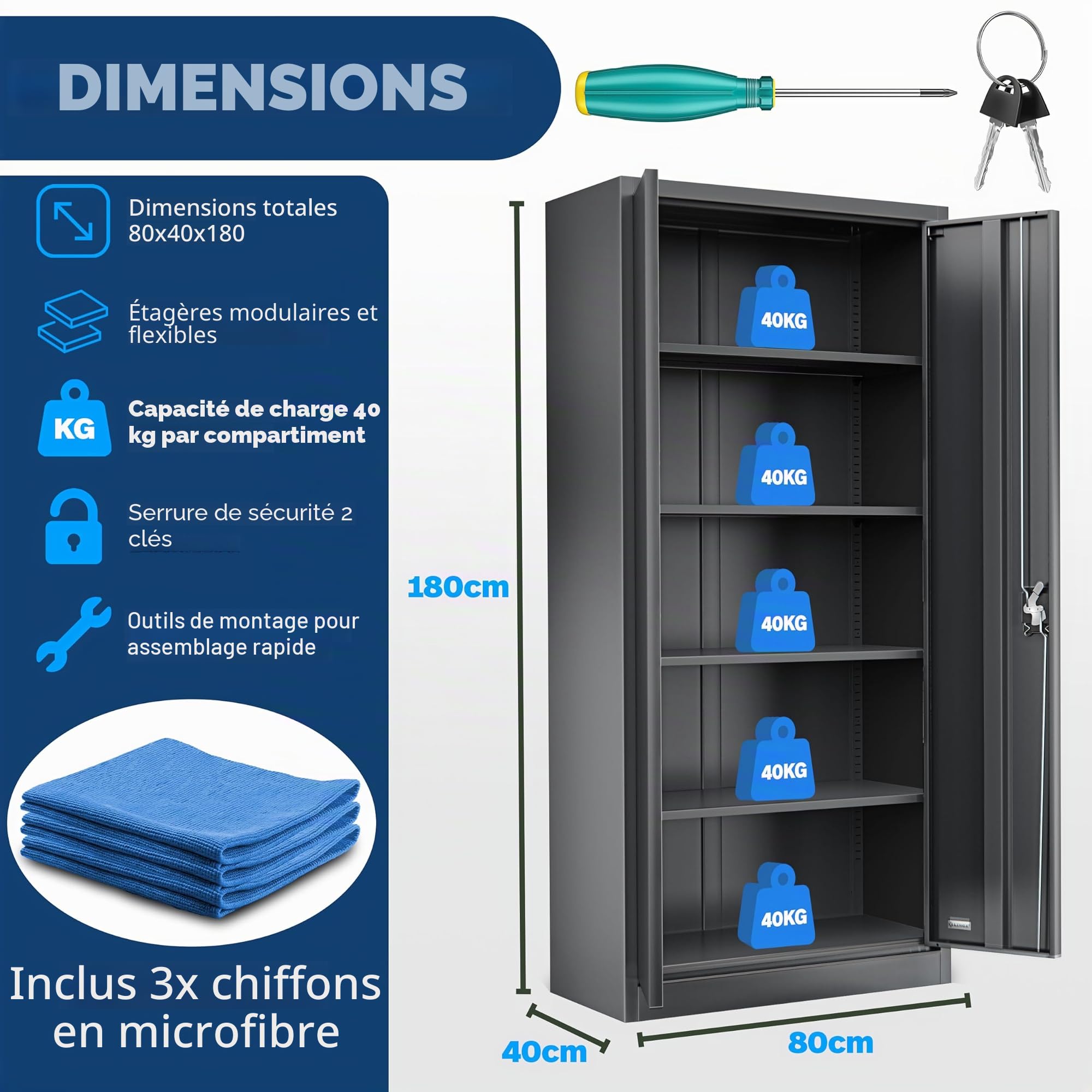 KESSER® Armoire de classement verrouillable avec portes battantes 180 x 80 x 40 cm | Armoire de bureau en acier avec 4 étagères réglables en hauteur | Armoire multi-usages, 5 compartiments flexibles
