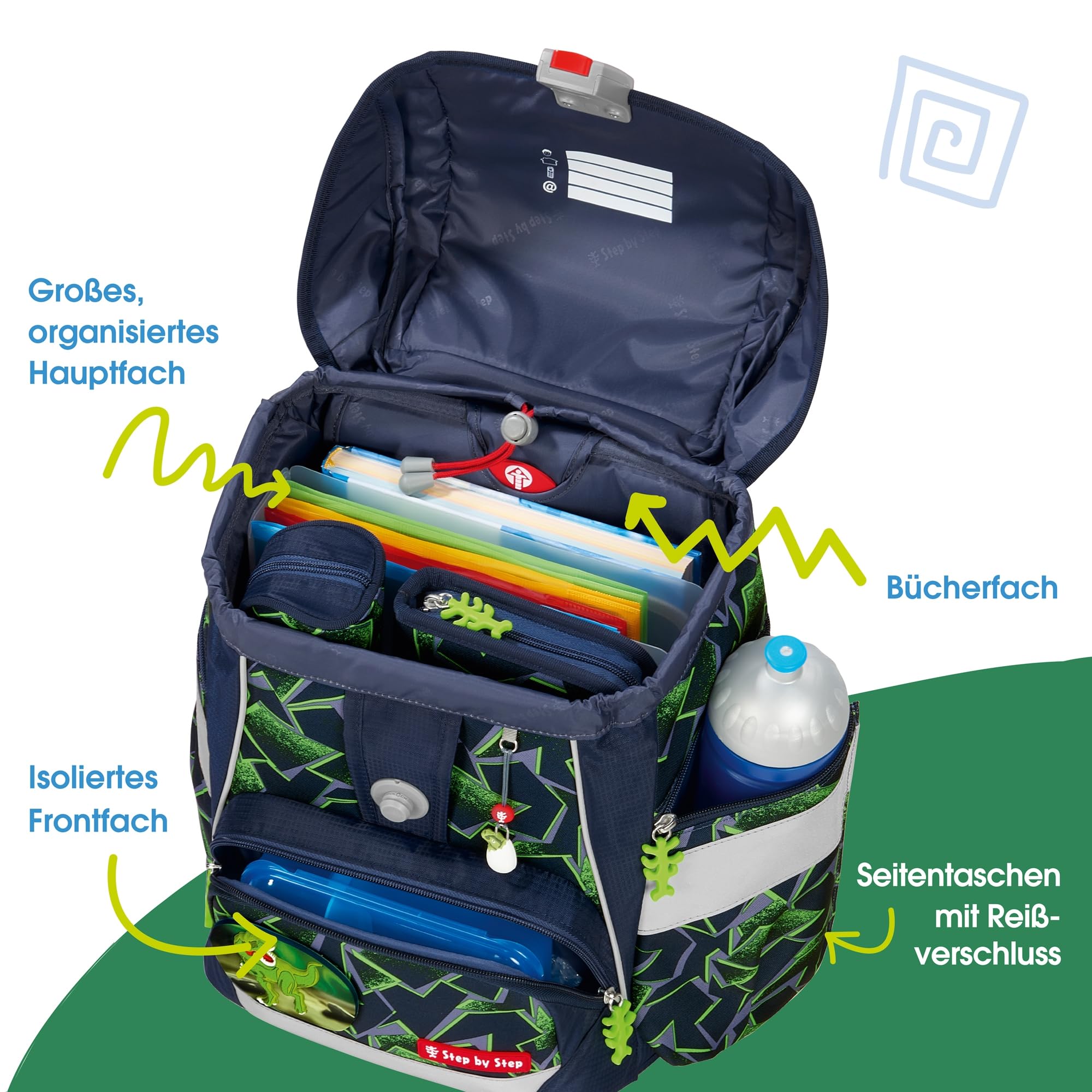Step by Step Schulranzen-Set 2IN1 Plus „Wild T-Rex Taro“ 6-teilig, ergonomischer Tornister, höhenverstellbar mit Hüftgurt, für die Grundschule, ab der 1. Klasse, 19L, grün-schwarz, Dino-Design