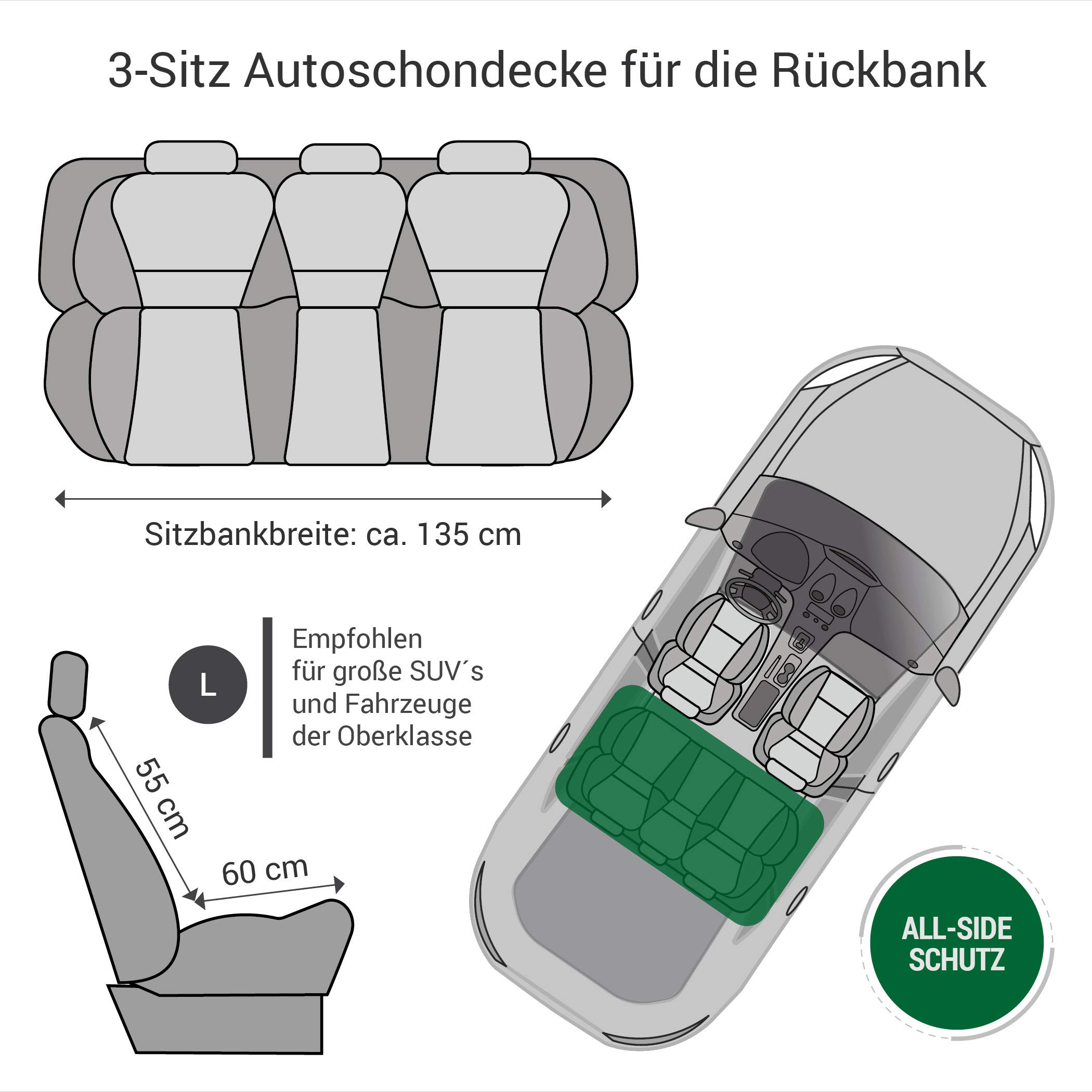 Doctor Bark Hunde 3-Sitz-Autoschondecke für die Rücksitzbank, All-Side Schutz mit Reißverschluss für alle PKWs und SUVs, L in Schwarz