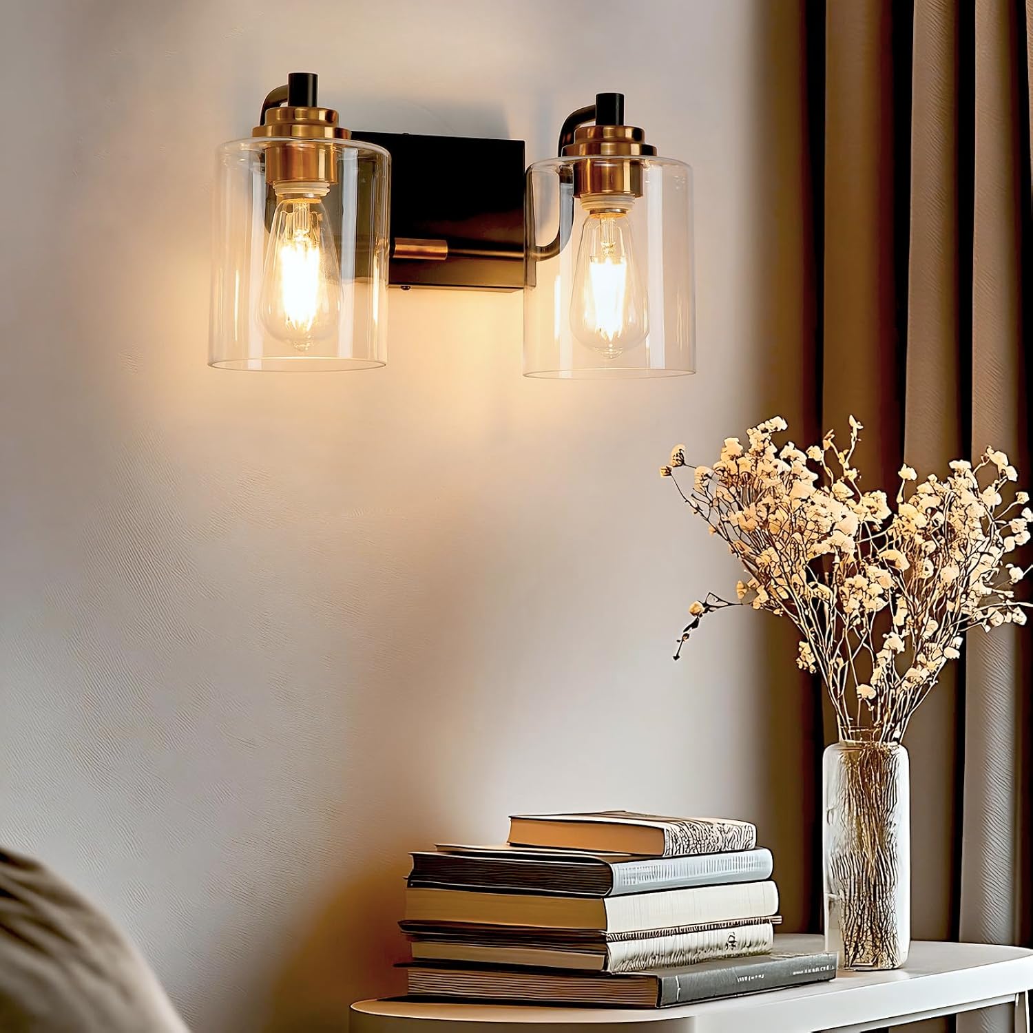 Modern 2-Light Bathroom Vanity Light Fixture, Black and Gold Bathroom Light Fixtures Over Mirror with Large Clear Glass Shades, Farmhouse Wall Sconce for Bedroom Living Room, E26 Base