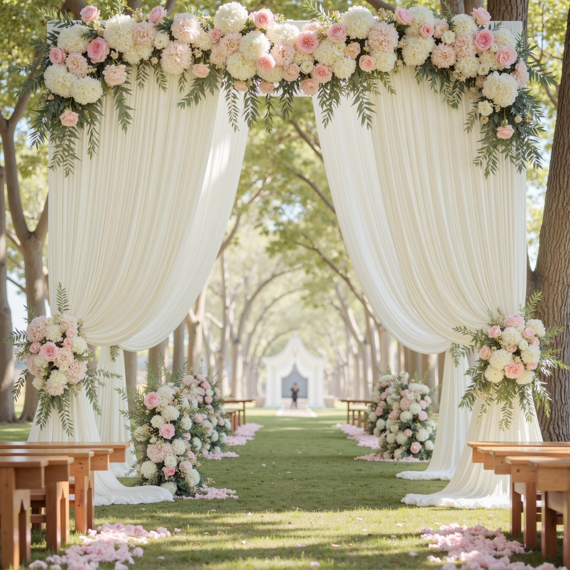 NSSONBEN Toile de fond sans plis de 15,2 m x 2,4 m en ivoire pour les fêtes, 10 panneaux de 1,5 m x 2,4 m en polyester soyeux pour mariage, toile de fond pour photographie de baptême et d’anniversaire