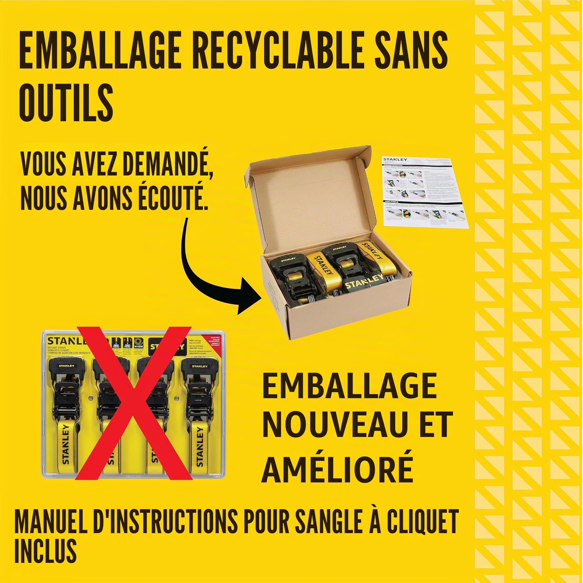 STANLEY S10074 Lot de 4 Sangles d'arrimage à cliquet 3,8 cm x 4,88 m - pour sécurisation de Charges Lourdes (résistance à la Rupture de 1 500 kg) – Noir/Jaune