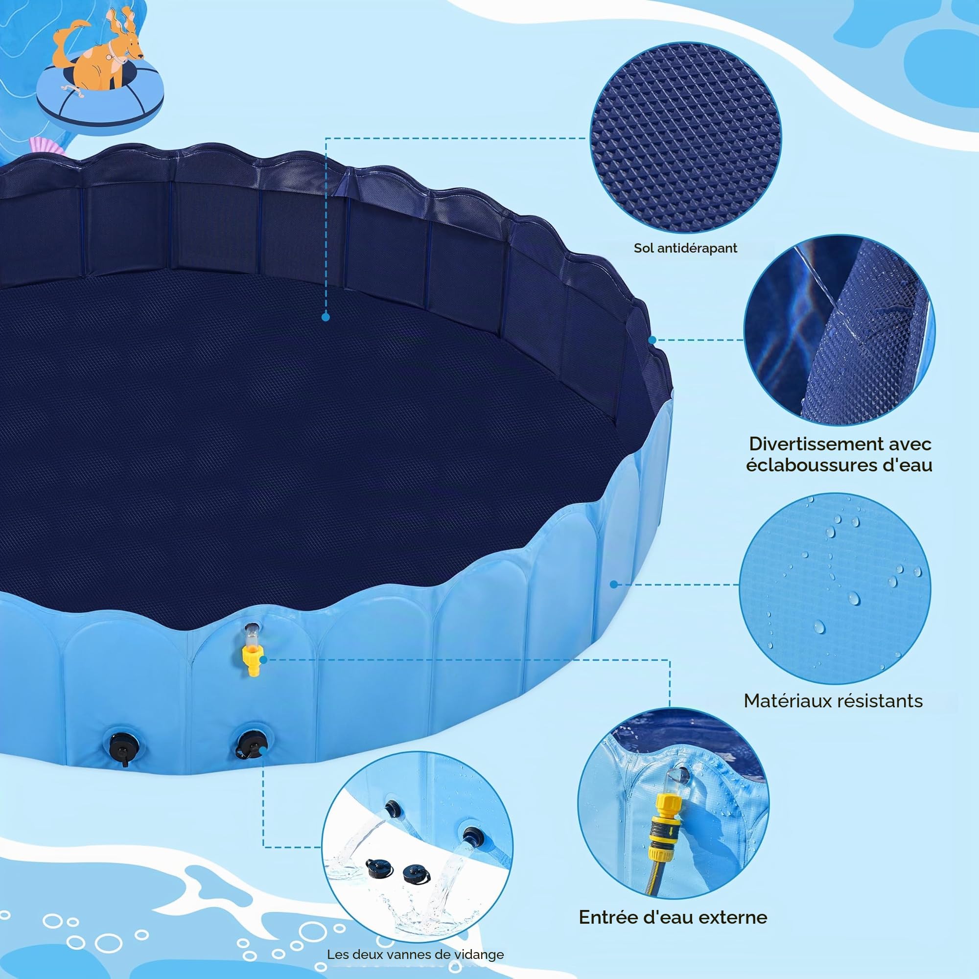 Yaheetech Piscine pour Chien Pliable 160 cm avec arroseur Antidérapante | Jet d'eau pour Chien 0,6 cm d'épaisseur Jouet aquatique pour l'été Extérieur/Intérieur Bleu