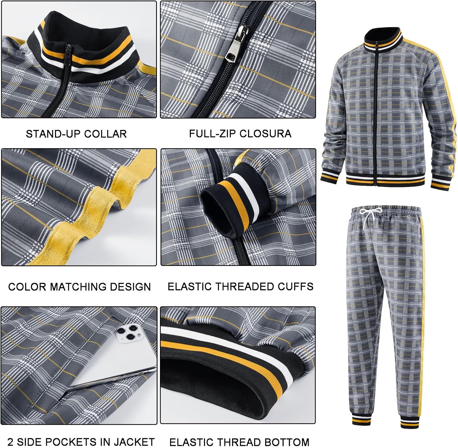 Men Tracksuits Full-zip Long Sleeve Plaid Track Jackets and Pants 2 Piece - Image 5