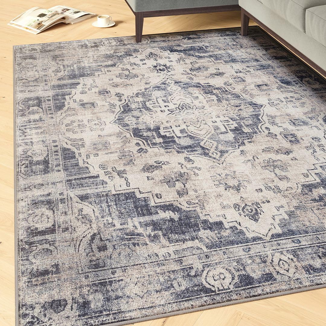 Machine Washable Traditional Distressed Blue Cotton Large Runner Rugs Medallion Stain Resistant Liquid Repellent Living Area Hallway Rug 80cm x 300cm (2ft 7" x 9ft 10")
