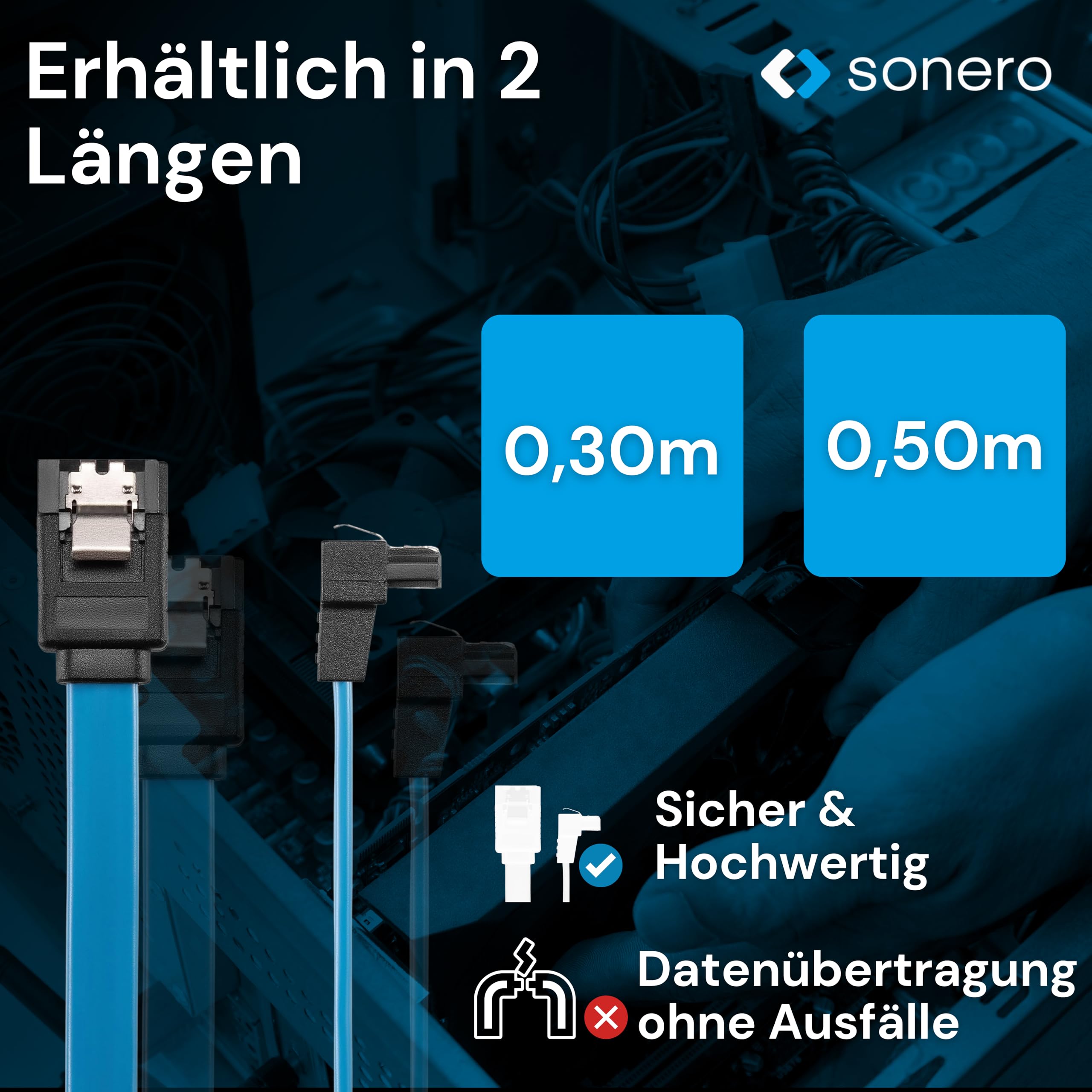 Sonero® kabel do transmisji danych SATA III 6Gb/s, 0,30 m, pod kątem, niebieski