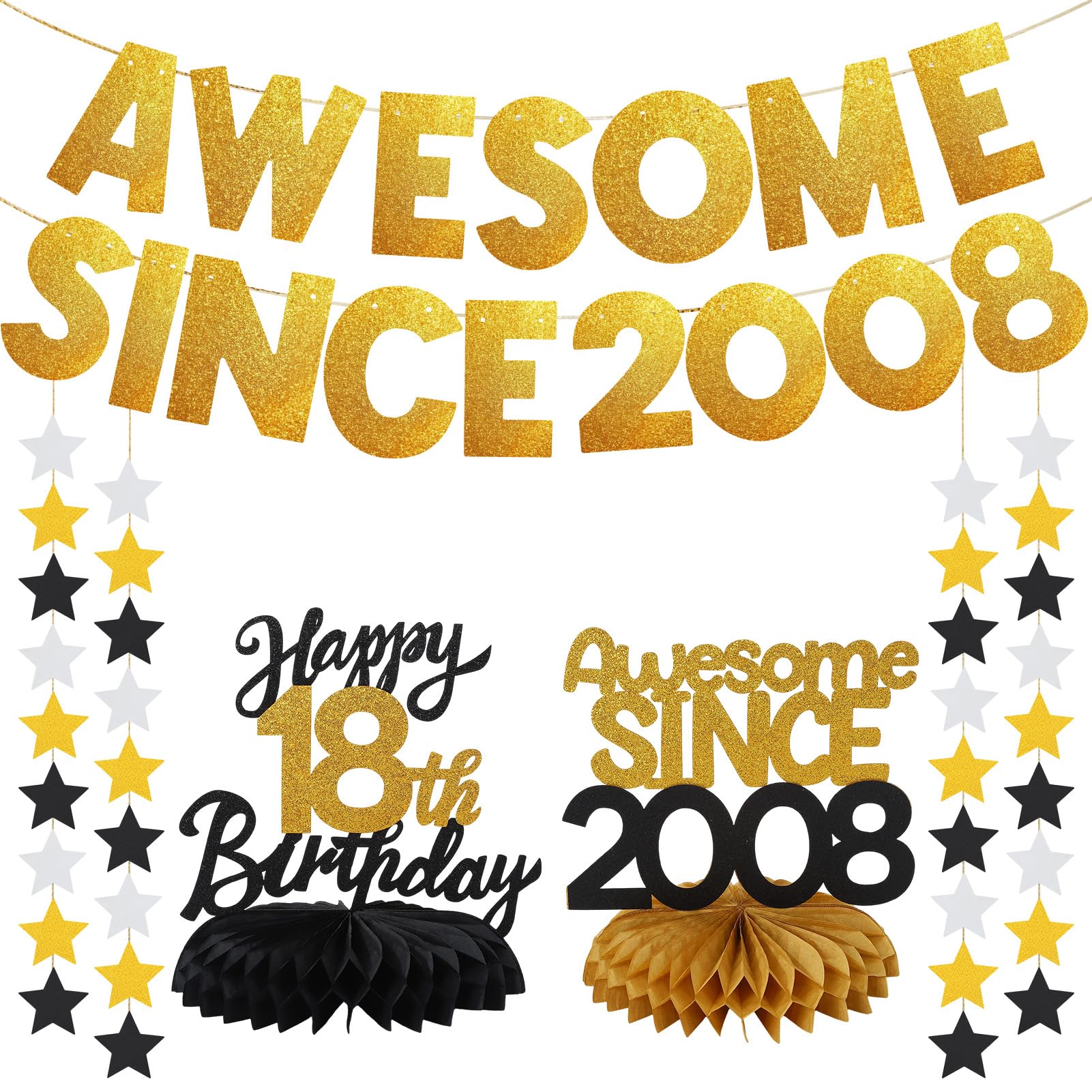 GSrenyu 18th Birthday Decorations Set,Awesome Since 2008 Glitter Banner for Boys Girls,Black Gold Happy 18th Birthday,Eighteen Year Old Bday Table Honeycomb Centerpieces for Party Decorations Supplies โ image 1
