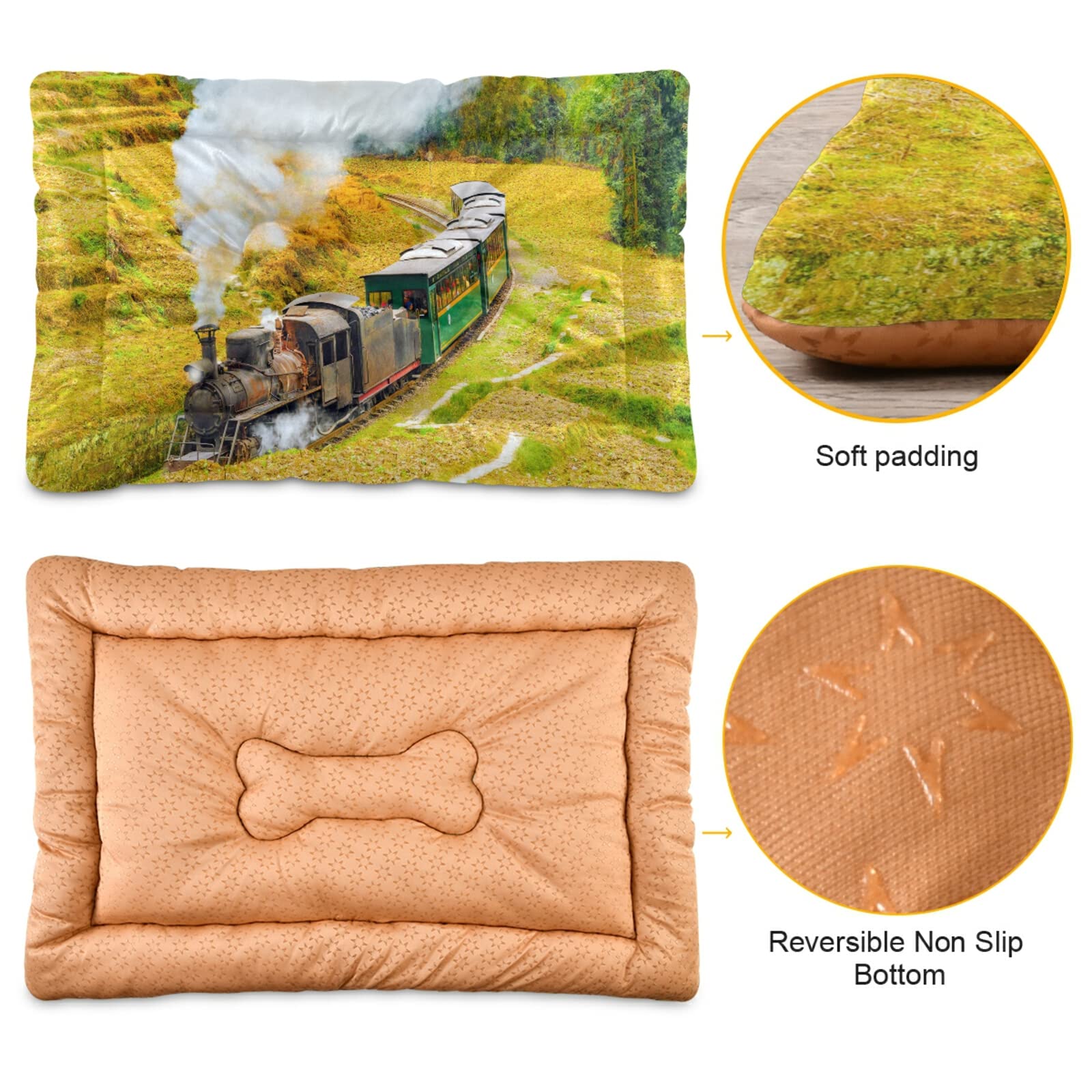 Oyihfvs Steam Train with Smoke Moves from Countryside Autumn Yellow Pattern Dog Pet Soft Bed Mat Comfortable Mattress, Non-Slip Washable for Puppy Cat Kennel Rectangle Blanket Sleeping Pad 24x18 inch