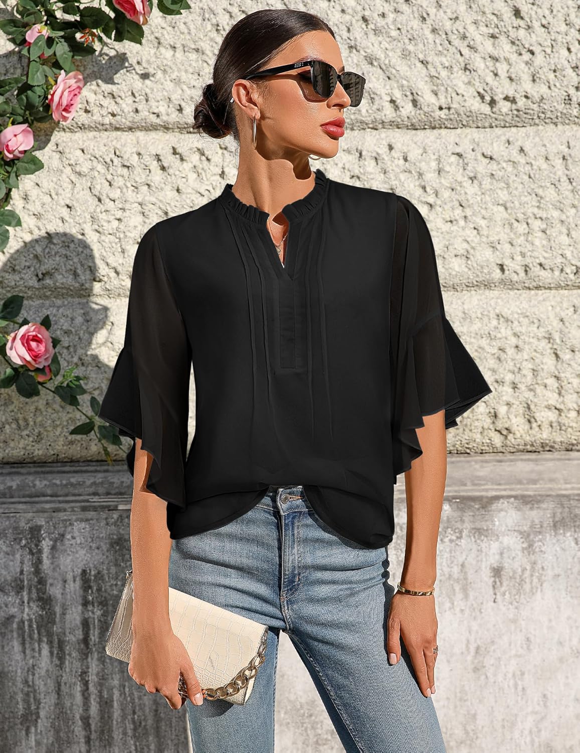 Women's 3/4 Sleeve Tops Dressy Casual V Neck Ruffle Sleeve Chiffon Blouses Shirts - Image 4