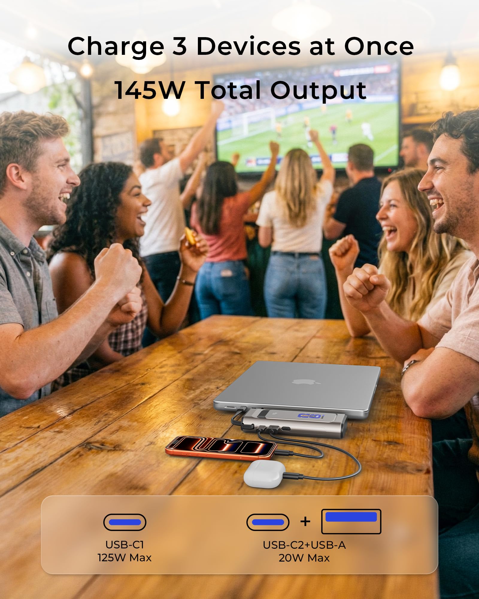 Power Bank con licenza FIFA 2026, 190 W, 20000 mAh, per laptop, caricabatterie portatile, 3 porte USB-C PD, ricarica rapida, con cavo USB-C integrato per MacBook, telefoni cellulari, iPhone, iPad
