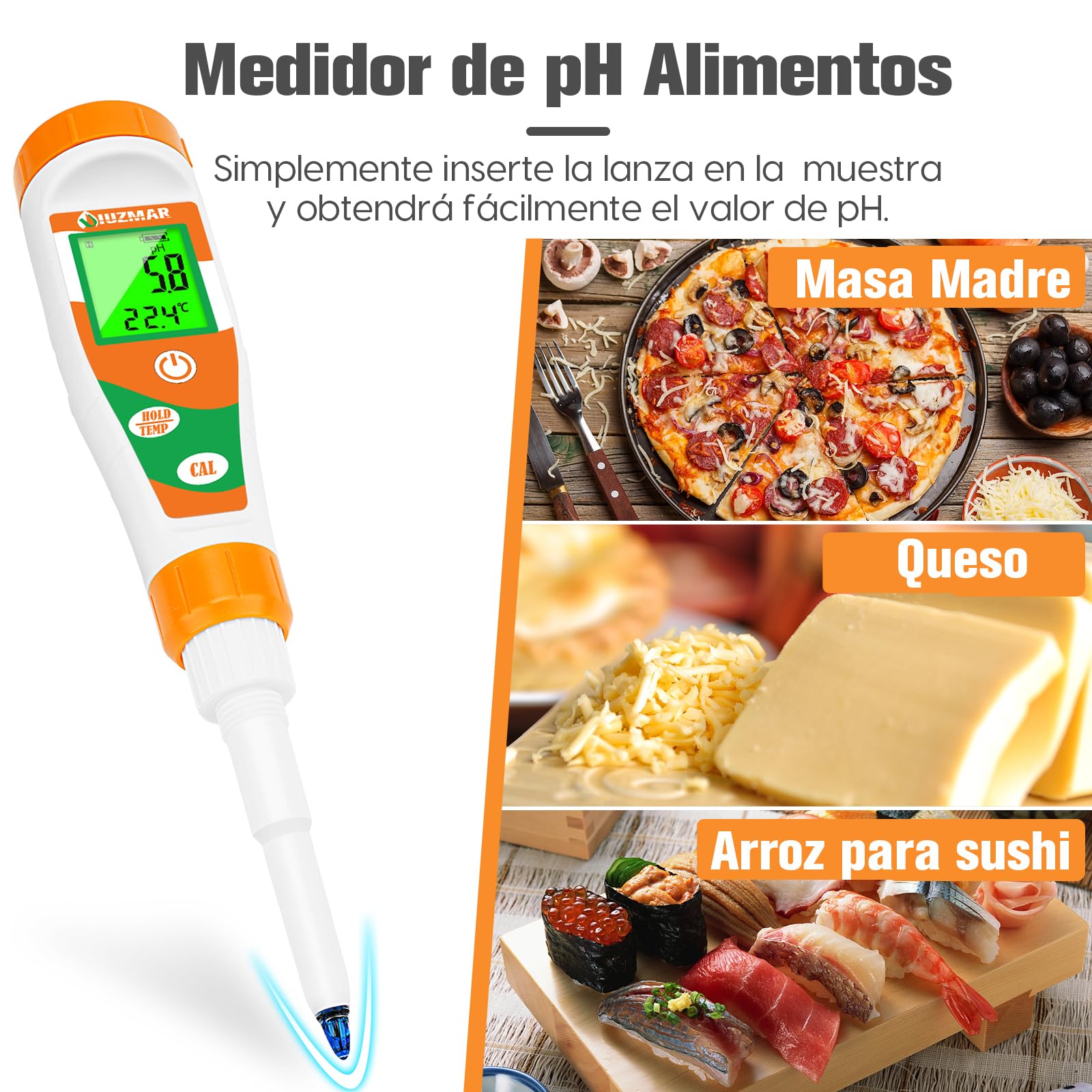 UIUZMAR Medidor de pH Alimentos, phmetro Semisolidos y Liquido, Medidor de pH para Fermentos, Pan, Masa Madre, Cosmetica, Queso, Arroz, Kombucha, Piscina, Acuario, Hidroponía, Agua Potable