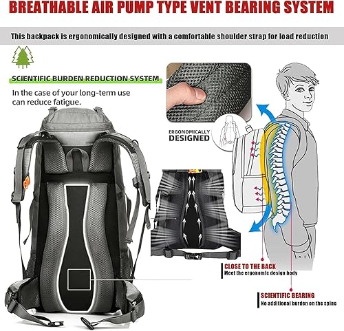 Miniatura 6 de HINIHAO Mochila de senderismo para acampar de 70 litros con cubierta de lluvia, mochila para treeking paquete de viaje al aire libre (70L azul)