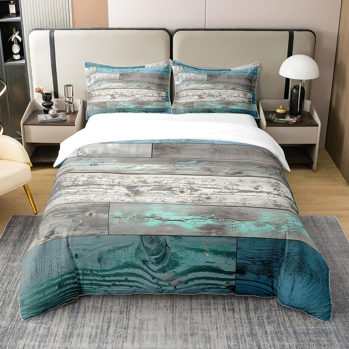 100% Cotton Western Rustic Bedding Sets Full Green Blue Grey Duvet Cover Vintage Farmhouse Barn Door Comforter Cover for Kids Boys Girls Watercolor Grunge Oil Painting Style Bed Set 2 Pillow Cases